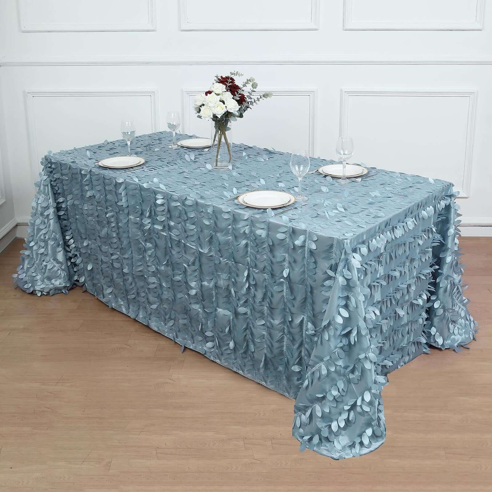 Hot Sale! Dusty Blue Taffeta 90x132 Rectangle Tablecloth with 3D Leaf Petal Design