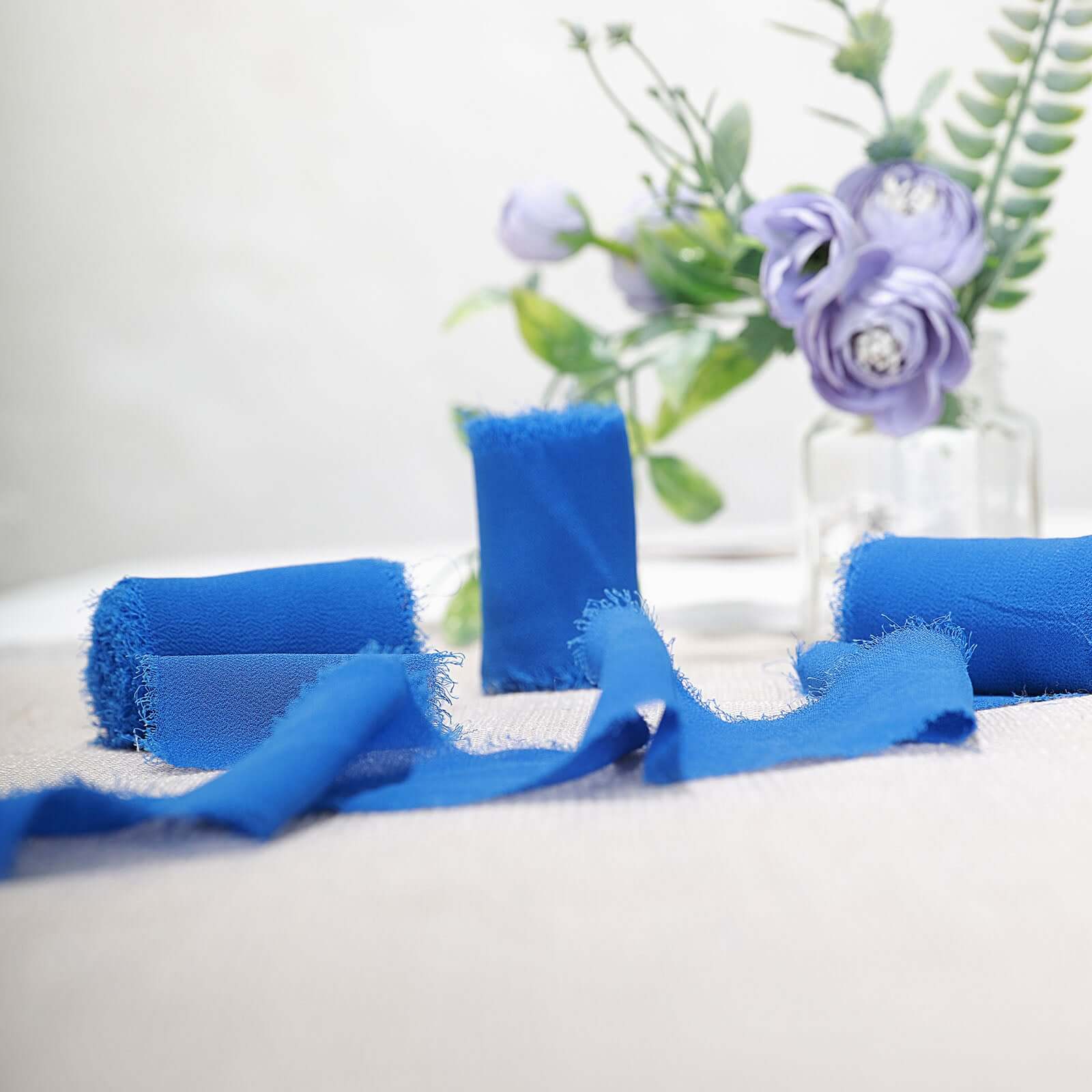 Hot Deal! 2-Pack Royal Blue Silk-Like Chiffon Linen Ribbon Rolls for Bouquets, Wedding Gifts
