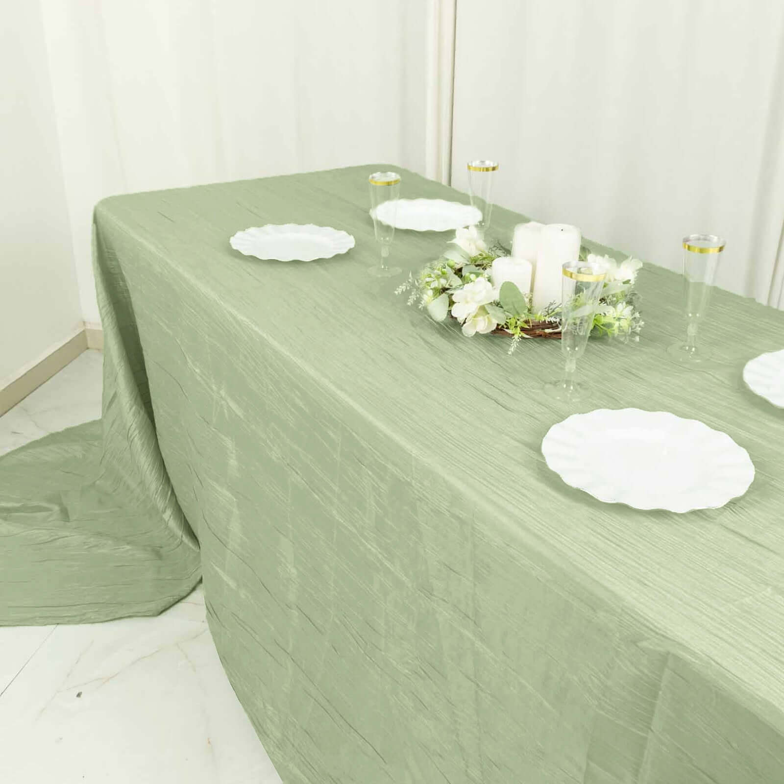 Discount! Sage Green Crinkle Taffeta Rectangle Tablecloth 90x156 for Weddings and Parties