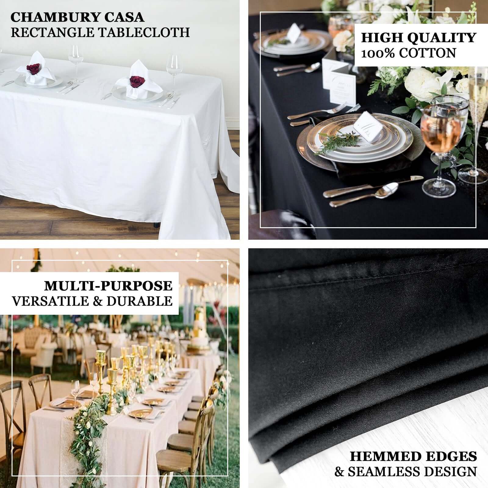 Exclusive Black 100% Cotton Seamless Tablecloth, 90x156