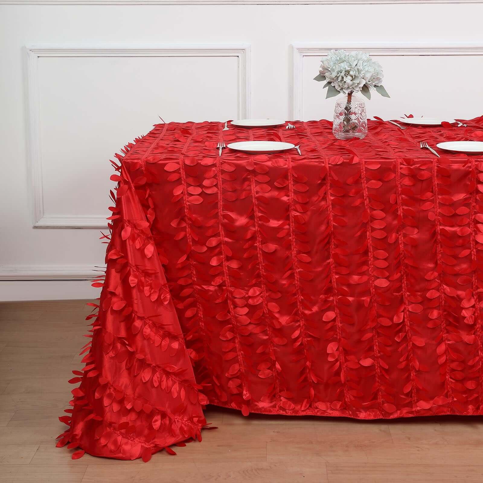 Hot Deal! Red Taffeta Rectangle Tablecloth with 3D Leaf Petal Design, 90x132