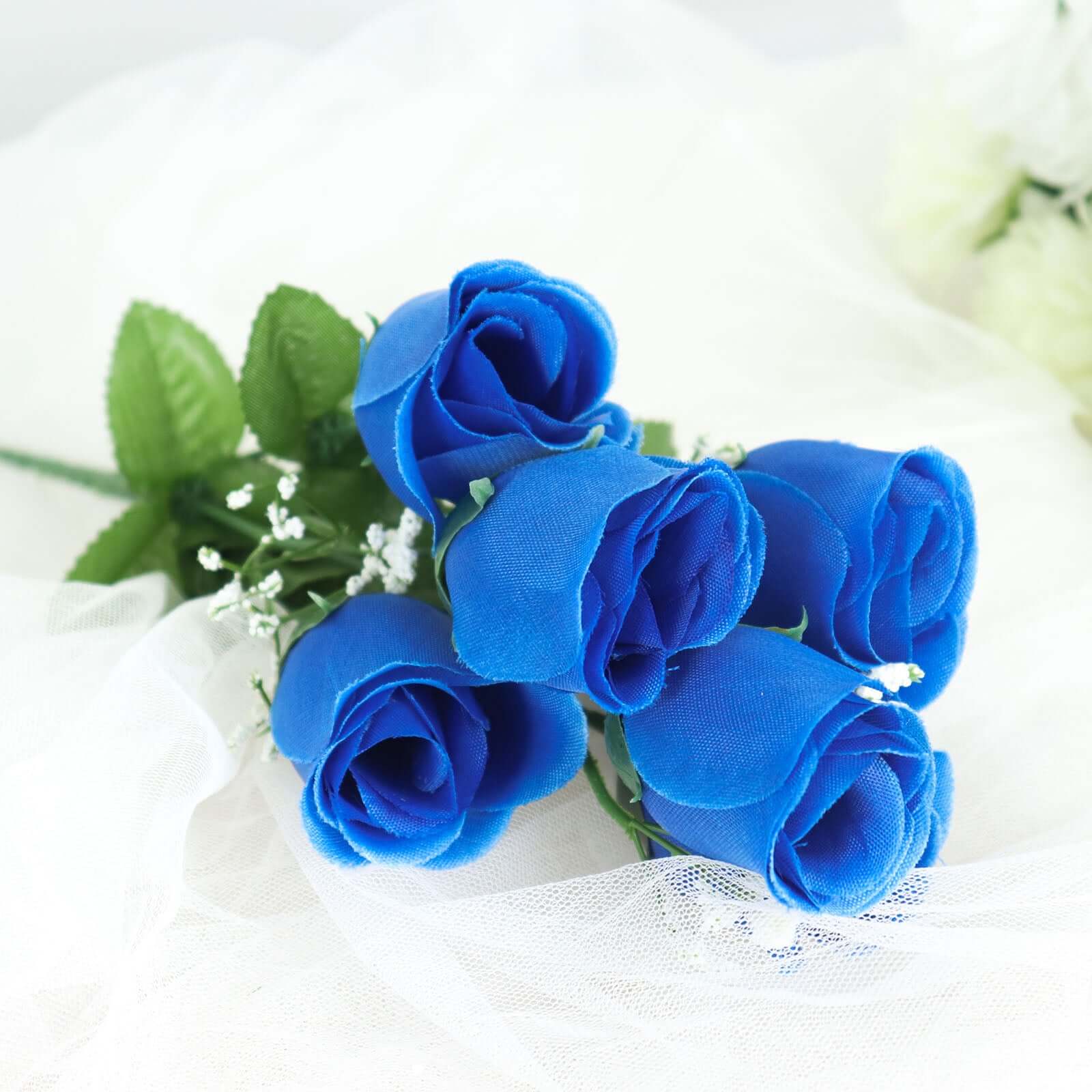 12 Bushes of Premium Royal Blue Artificial Silk Rose Bud Bouquets