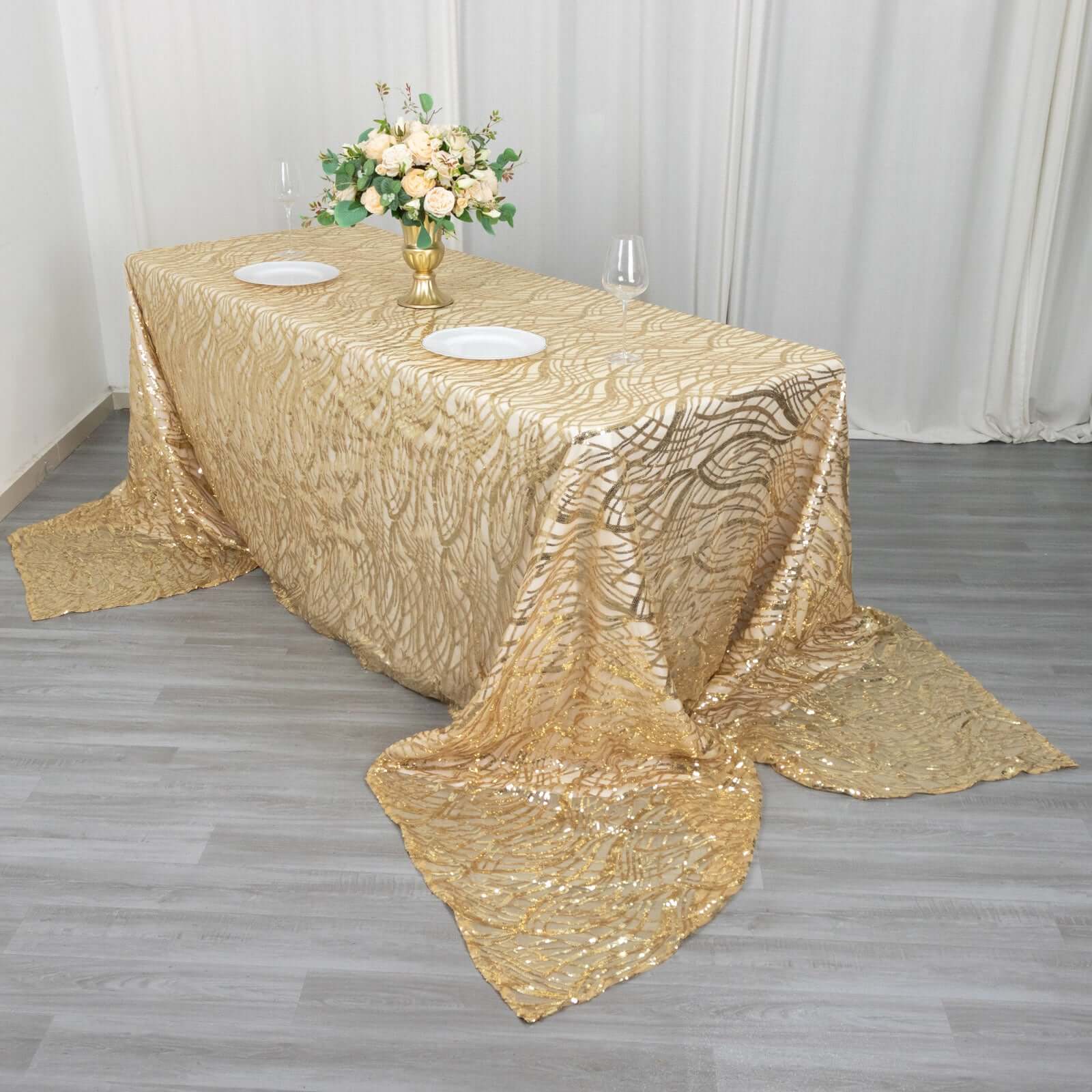 Champagne Sequin-Embroidered Mesh Rectangle Tablecloth 90x156 with Wave Pattern