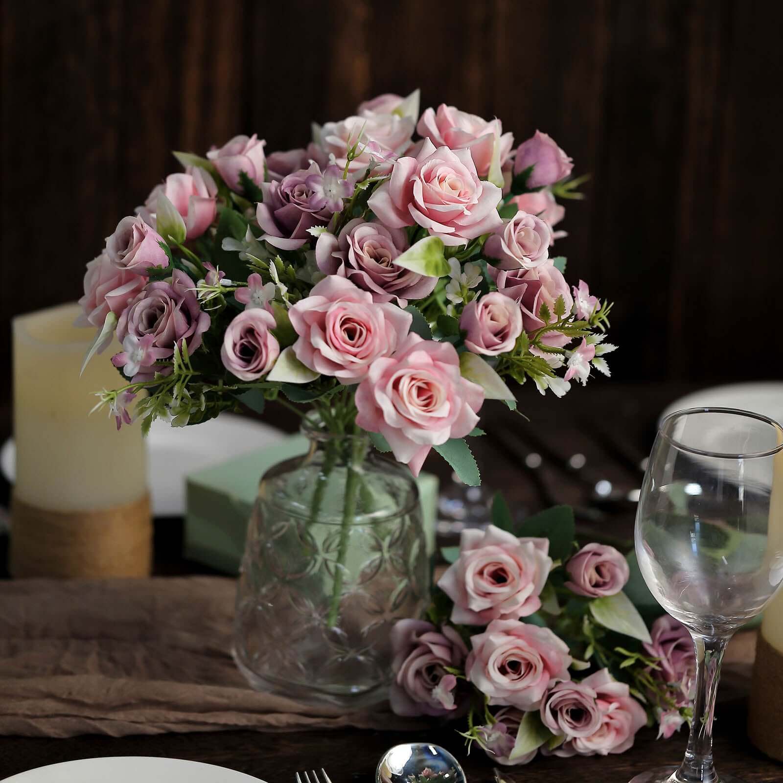 Hot Deal! 4 Bushes 12-Inch Dusty Rose Artificial Silk Rose Flower Bouquet for Weddings and Decor