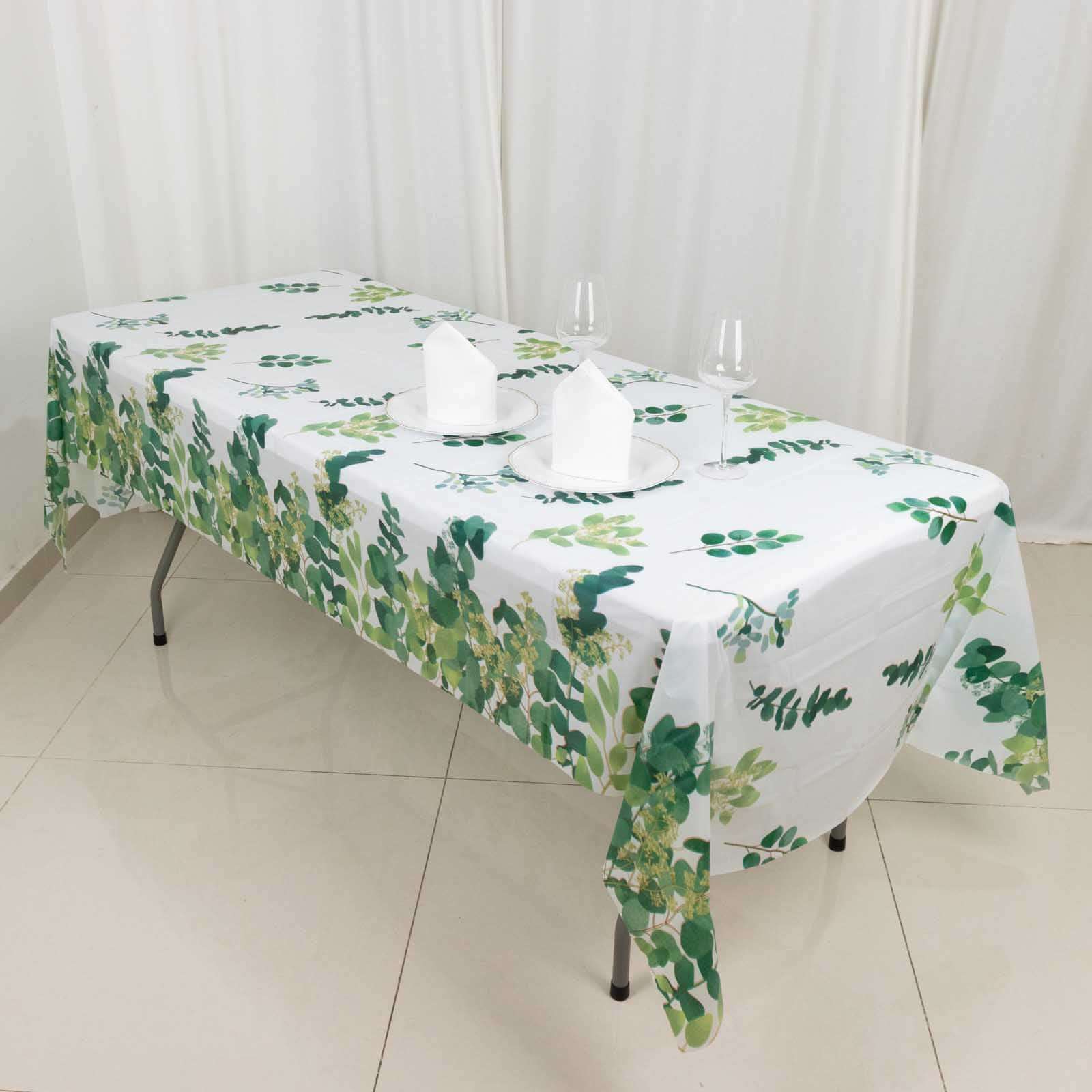 Hot Deal! 5-Pack Disposable PVC Plastic Table Covers in White/Green with Eucalyptus Print, 54x108