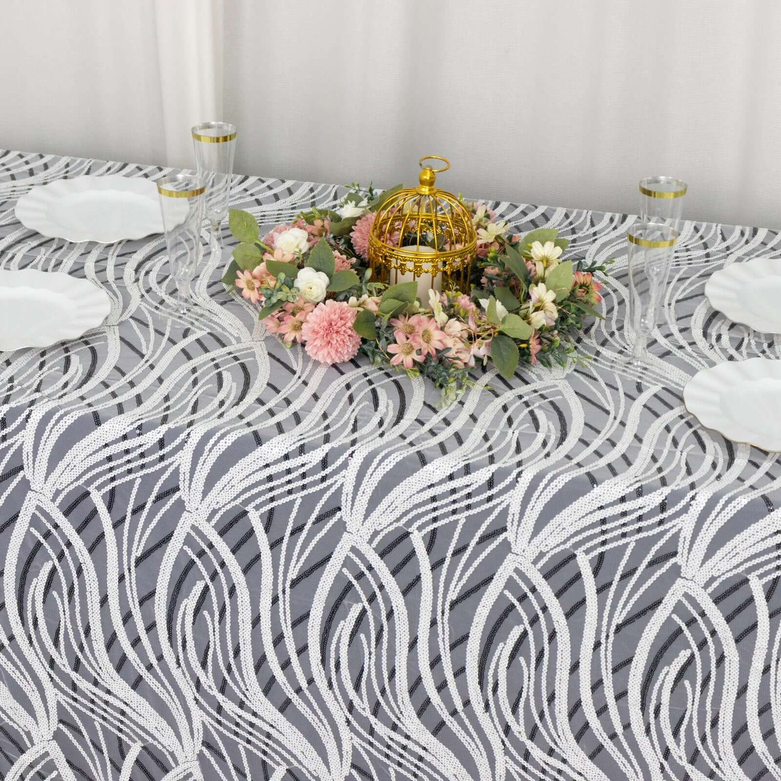 Sparkly Wave Sequin Embroidered White & Black Mesh Rectangle Tablecloth 90x156