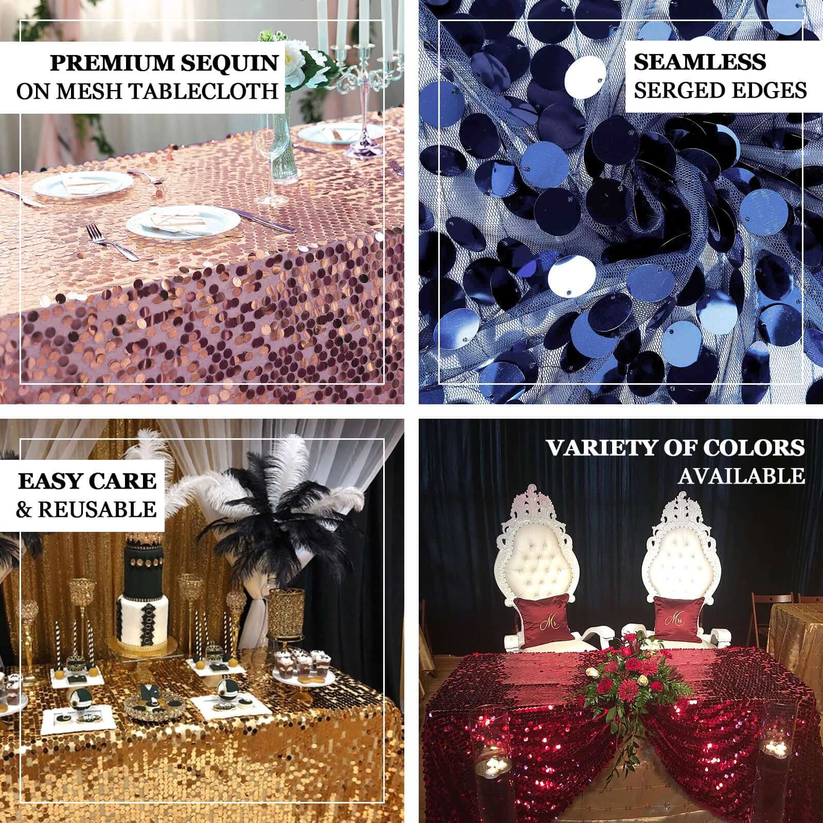Champagne Sequin 90x132 Rectangle Seamless Tablecloth for Various Events
