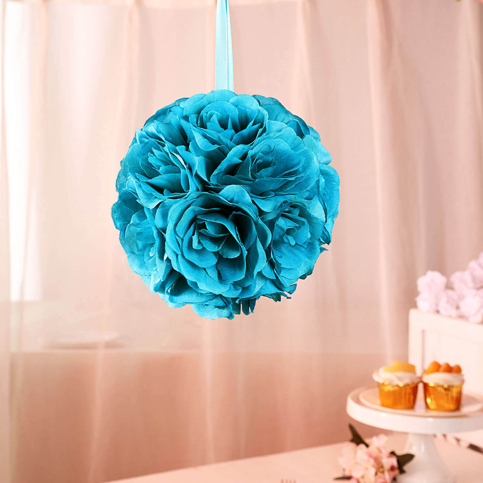 2-Pack 7-Inch Turquoise Artificial Silk Rose Kissing Balls, Ideal Faux Flower Decor