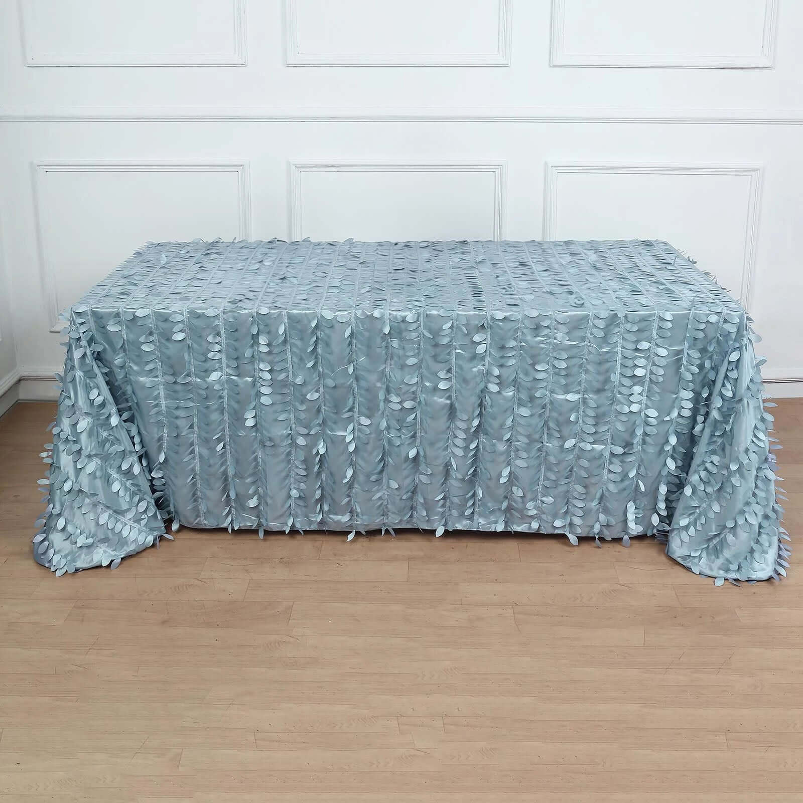 Hot Sale! Dusty Blue Taffeta 90x132 Rectangle Tablecloth with 3D Leaf Petal Design