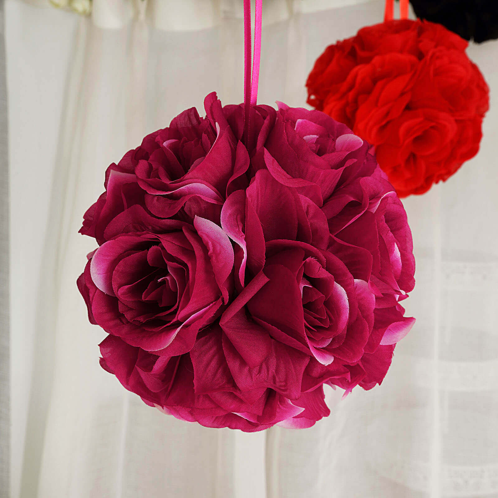 2-Pack 7-Inch Fuchsia Artificial Silk Rose Kissing Flower Balls for Decor