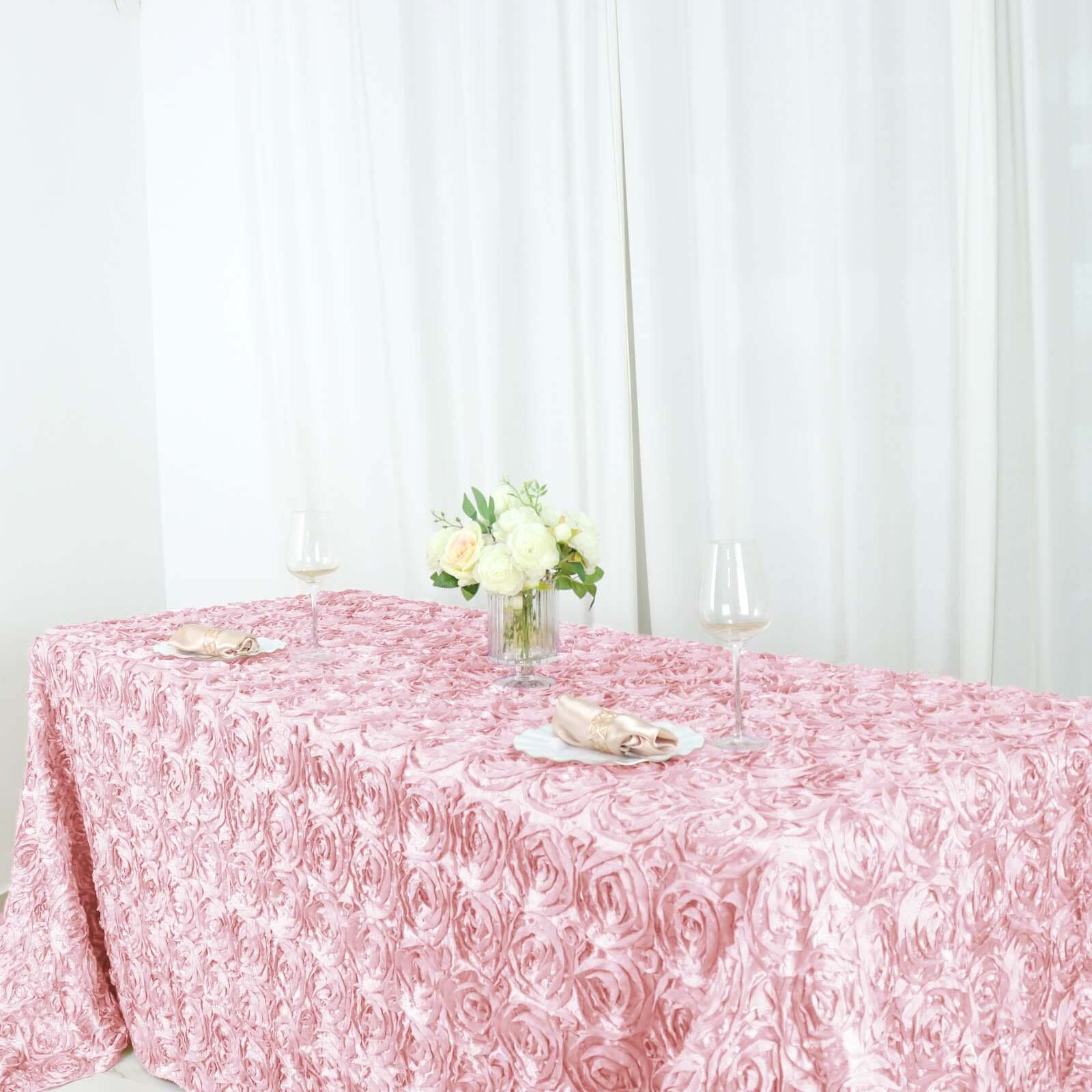 Hot! Blush Satin 90x156 Rectangle 3D Rosette Tablecloth with Seamless Finish