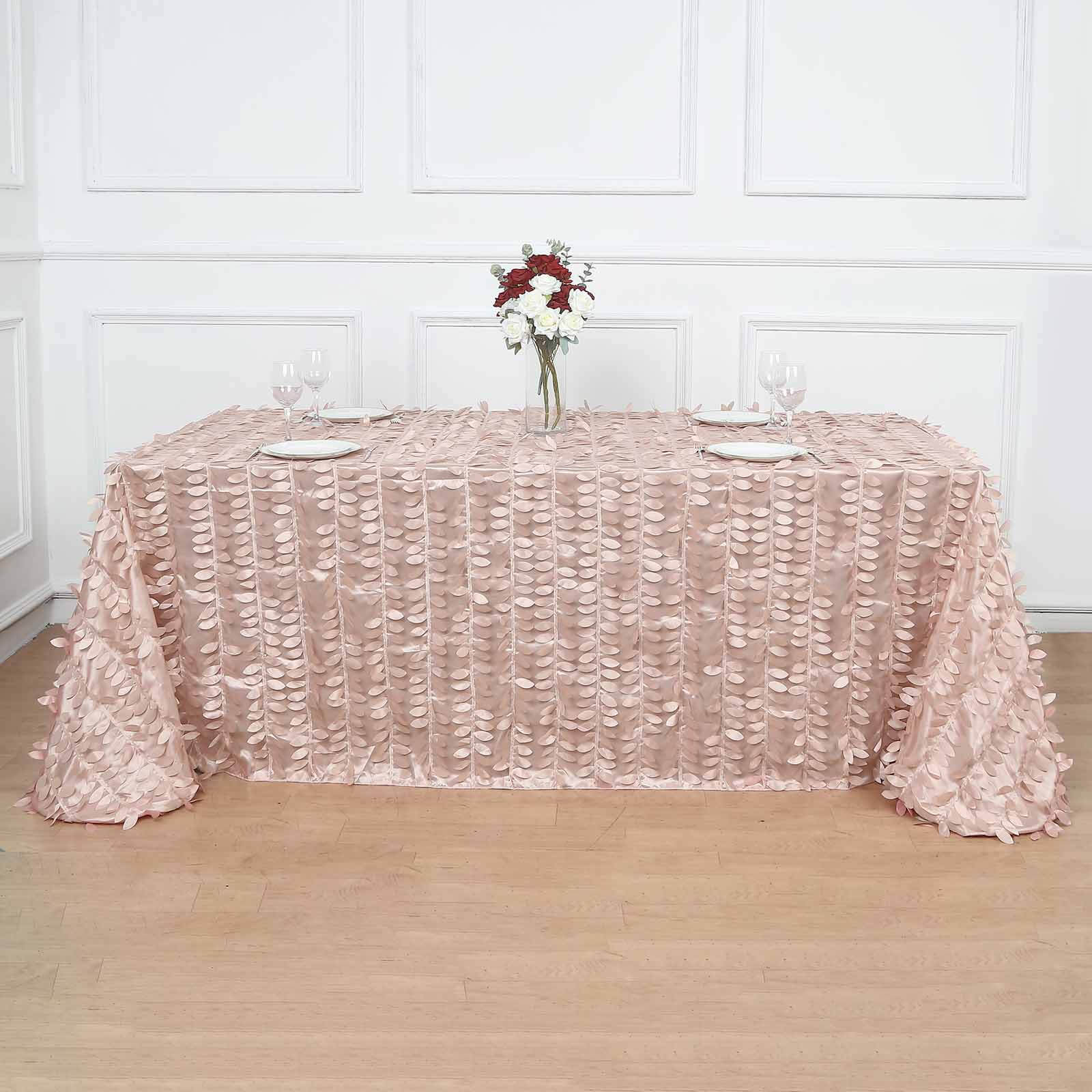 Dusty Rose Taffeta Rectangle Tablecloth 90x132 with 3D Seamless Leaf Petal Design