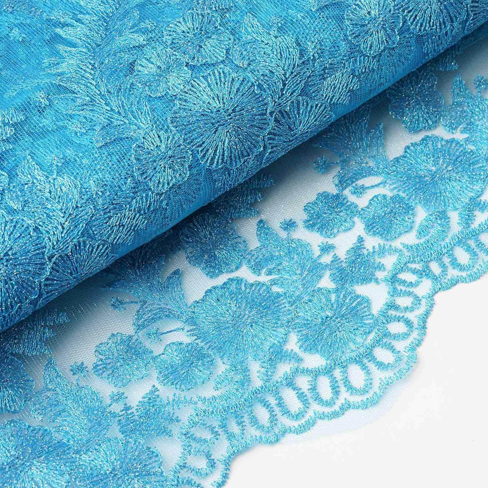 54-Inch Wide, 4-Yard Turquoise Floral Embroidered Lace Tulle Fabric Roll for DIY Crafts