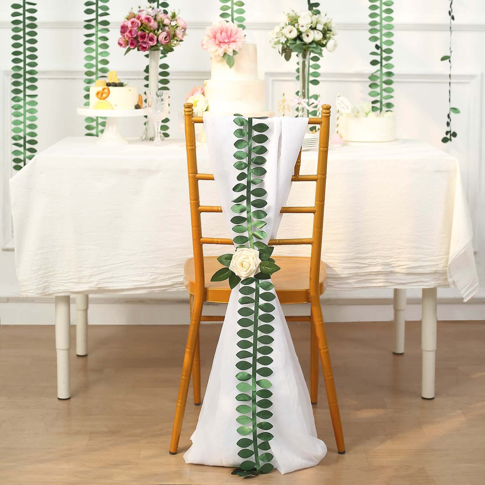50ft Green Taffeta Ribbon Sash with 4 - Leaf Petal Design - Ideal Artificial Fabric Garland for Decor