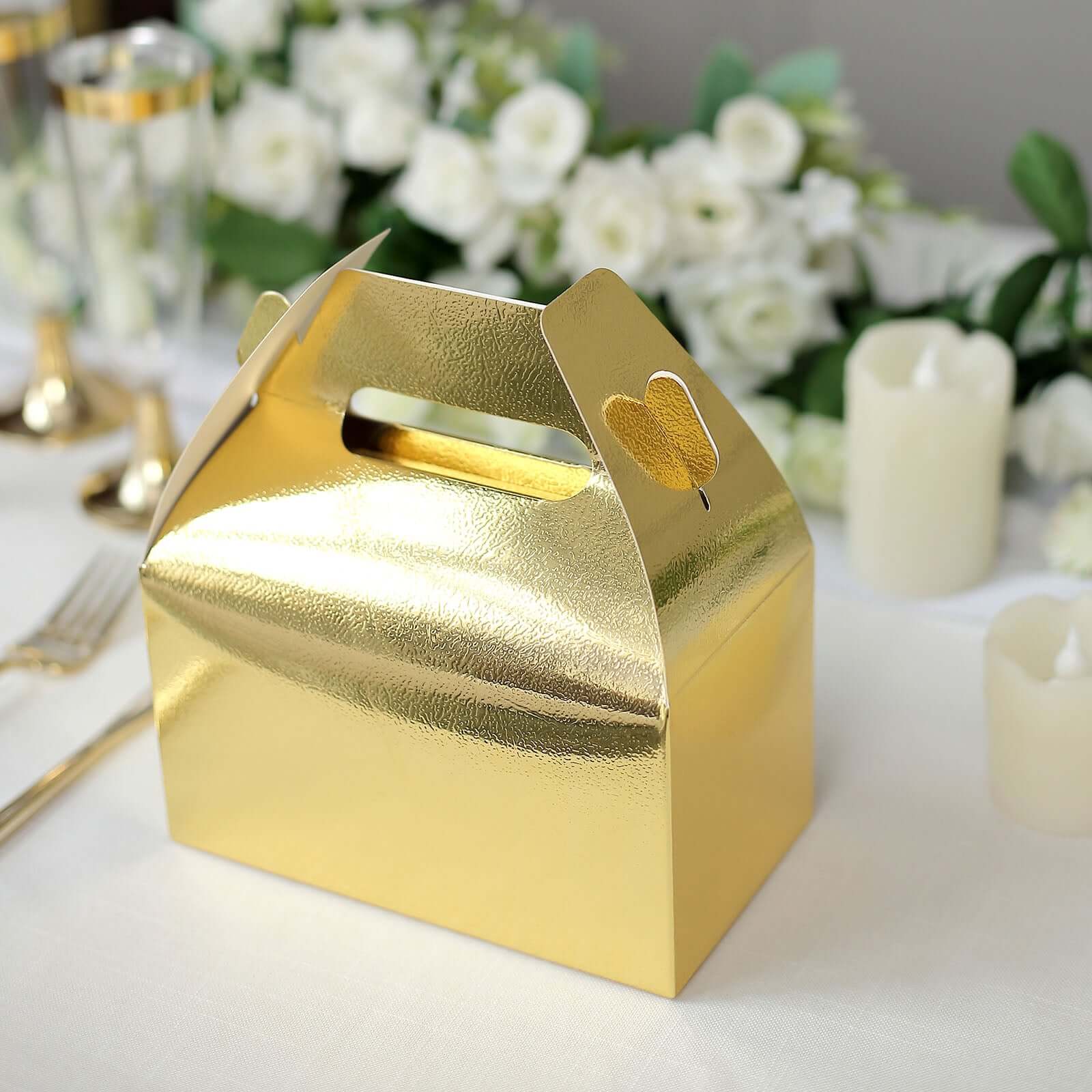 25-Pack Metallic Gold Party Favor Gable Tote Boxes for Candy Gifts, 6x3.5x7