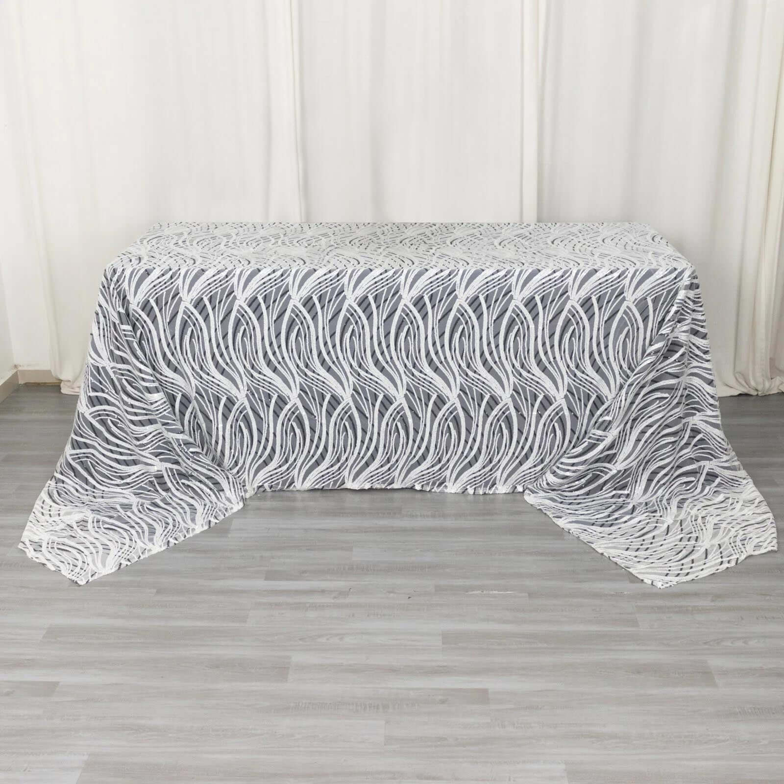 Sparkly Wave Sequin Embroidered White & Black Mesh Rectangle Tablecloth 90x156