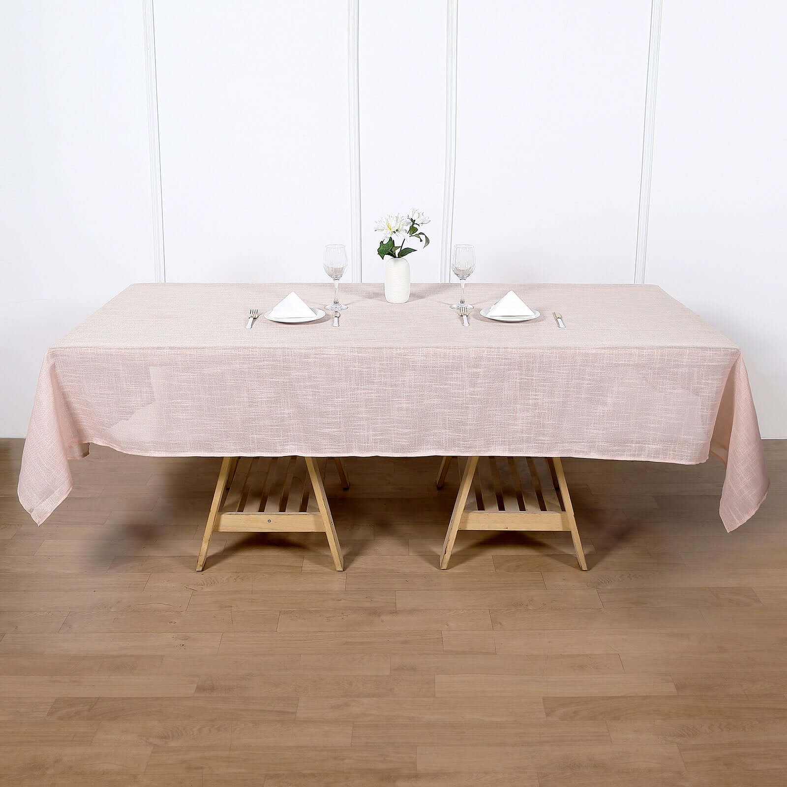 Wrinkle-Resistant Blush Faux Linen Rectangular Tablecloth, 60x102 with Slubby Texture