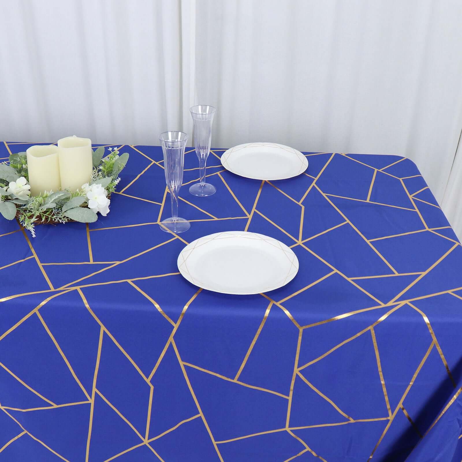 Royal Blue Polyester Tablecloth with Gold Foil Geometric Pattern - Wrinkle-Resistant for Events
