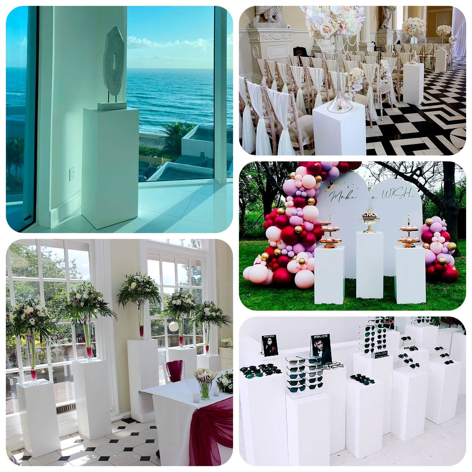 Set of 5 White Rectangular Metal Pedestal Stands for Backdrop Decor