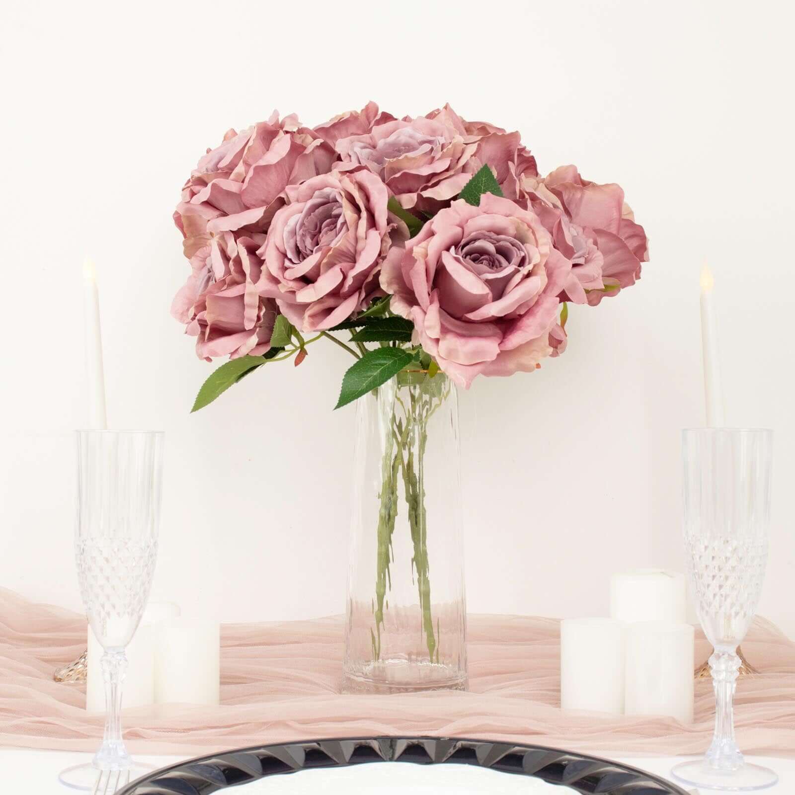 2 Bushes 17-Inch Dusty Rose Premium Silk Jumbo Rose Bouquet for Weddings and Decor