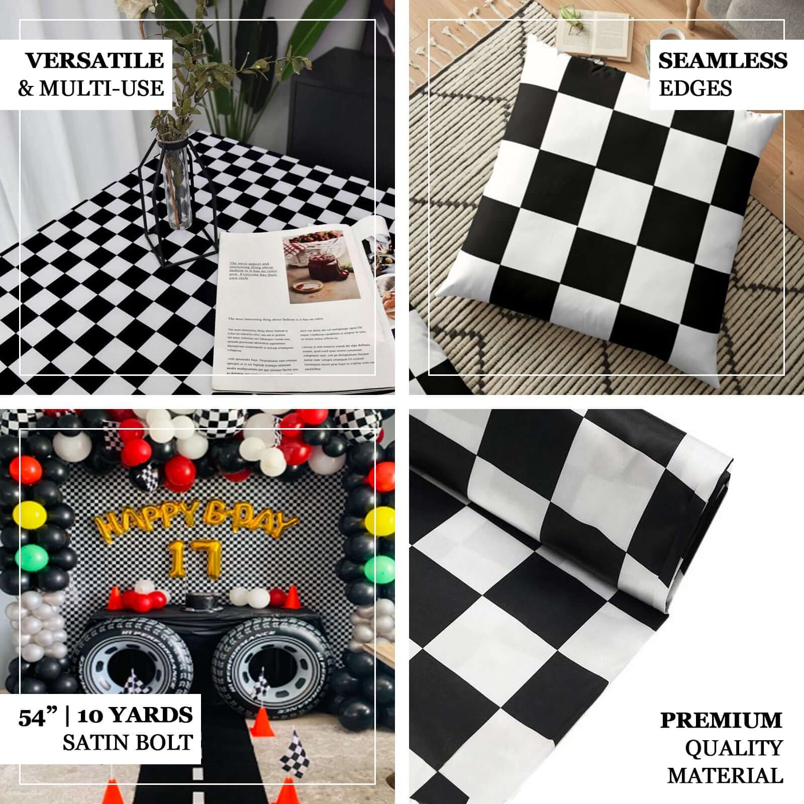 Hot Deal! 54x10 Yards Black-White Checkered Satin Fabric Roll for DIY Crafts