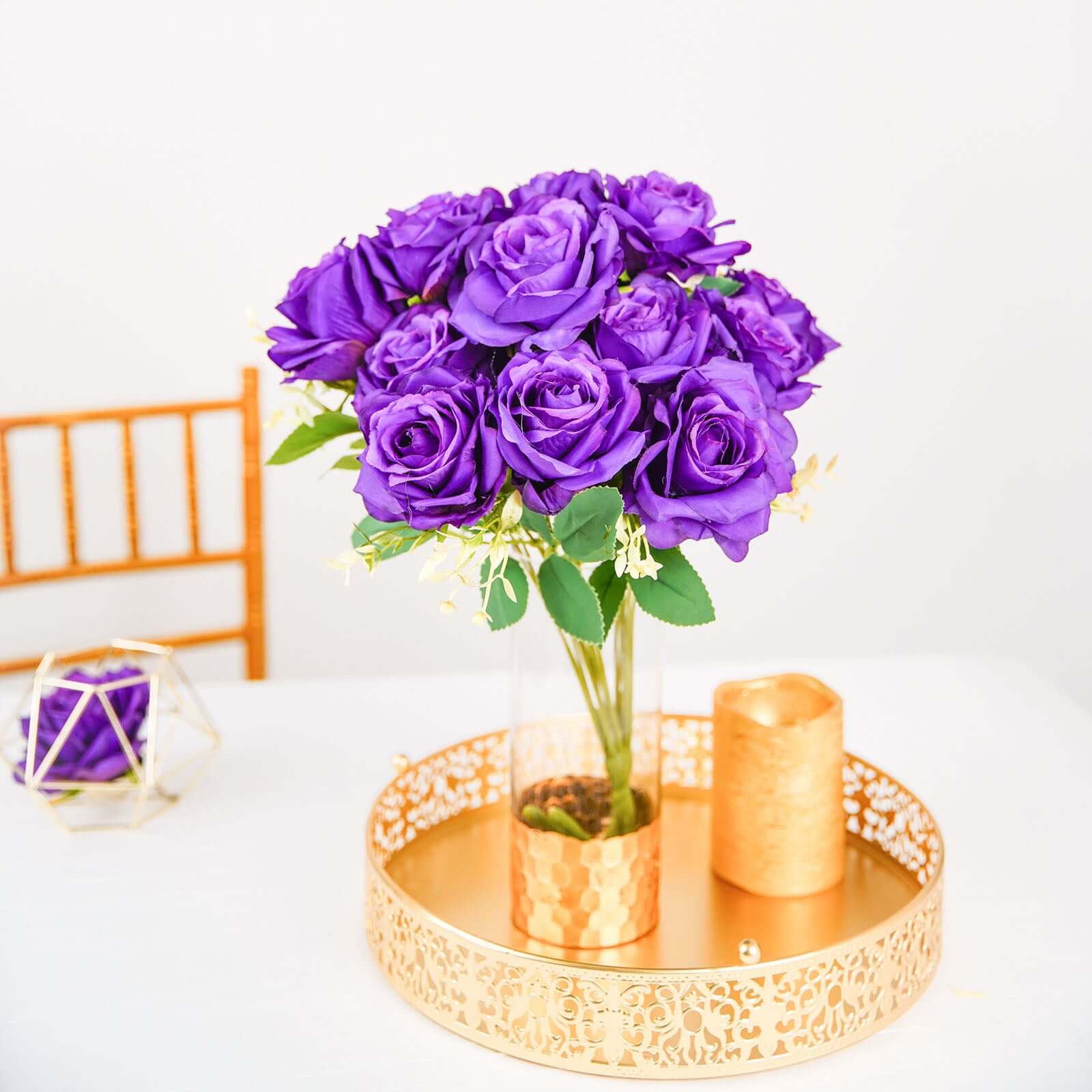Promo! 2 Bushes of 18 Real - Touch Purple Artificial Silk Rose Flower Bouquets for Decor