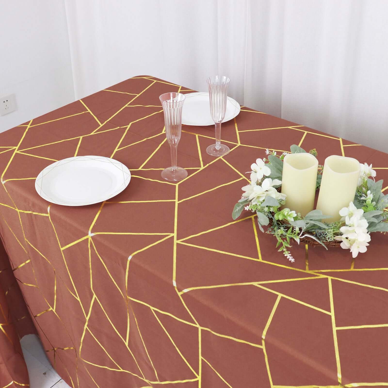 Wrinkle-Resistant Seamless Polyester Tablecloth: Terracotta with Gold Foil Geometric Pattern (90x132) - Ideal for Events