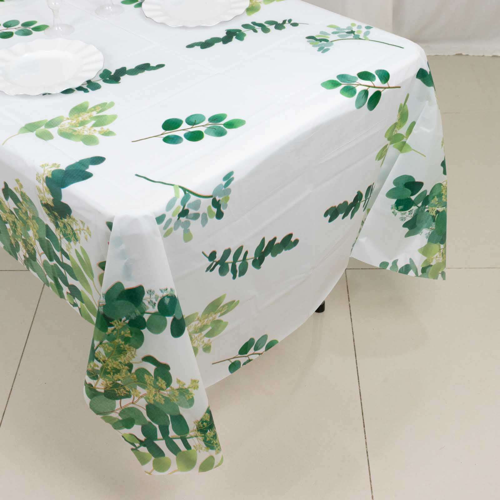 Hot Deal! 5-Pack Disposable PVC Plastic Table Covers in White/Green with Eucalyptus Print, 54x108