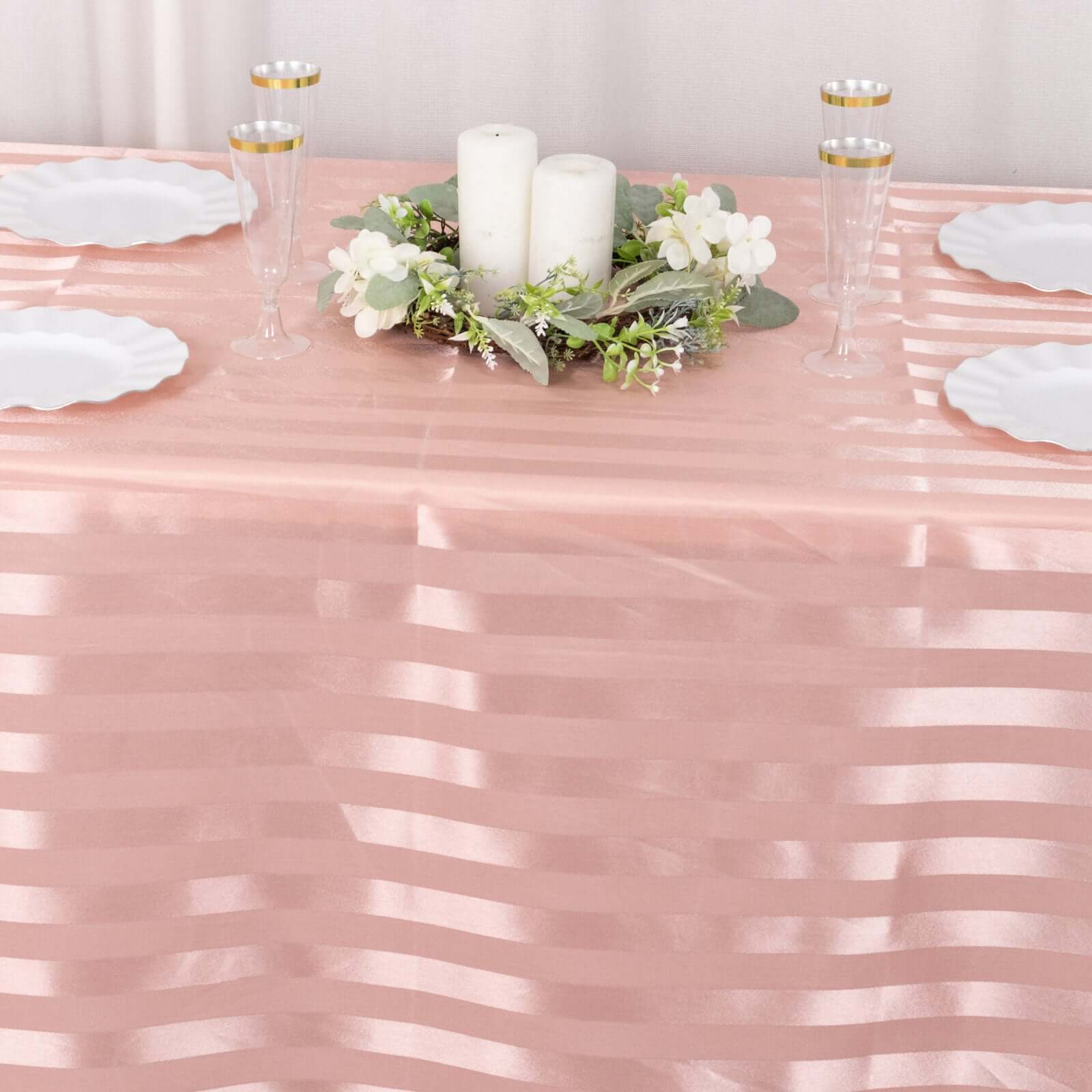 Hot Deal! Dusty Rose Satin Rectangular Tablecloth with Glossy Stripes, 90x132 inches