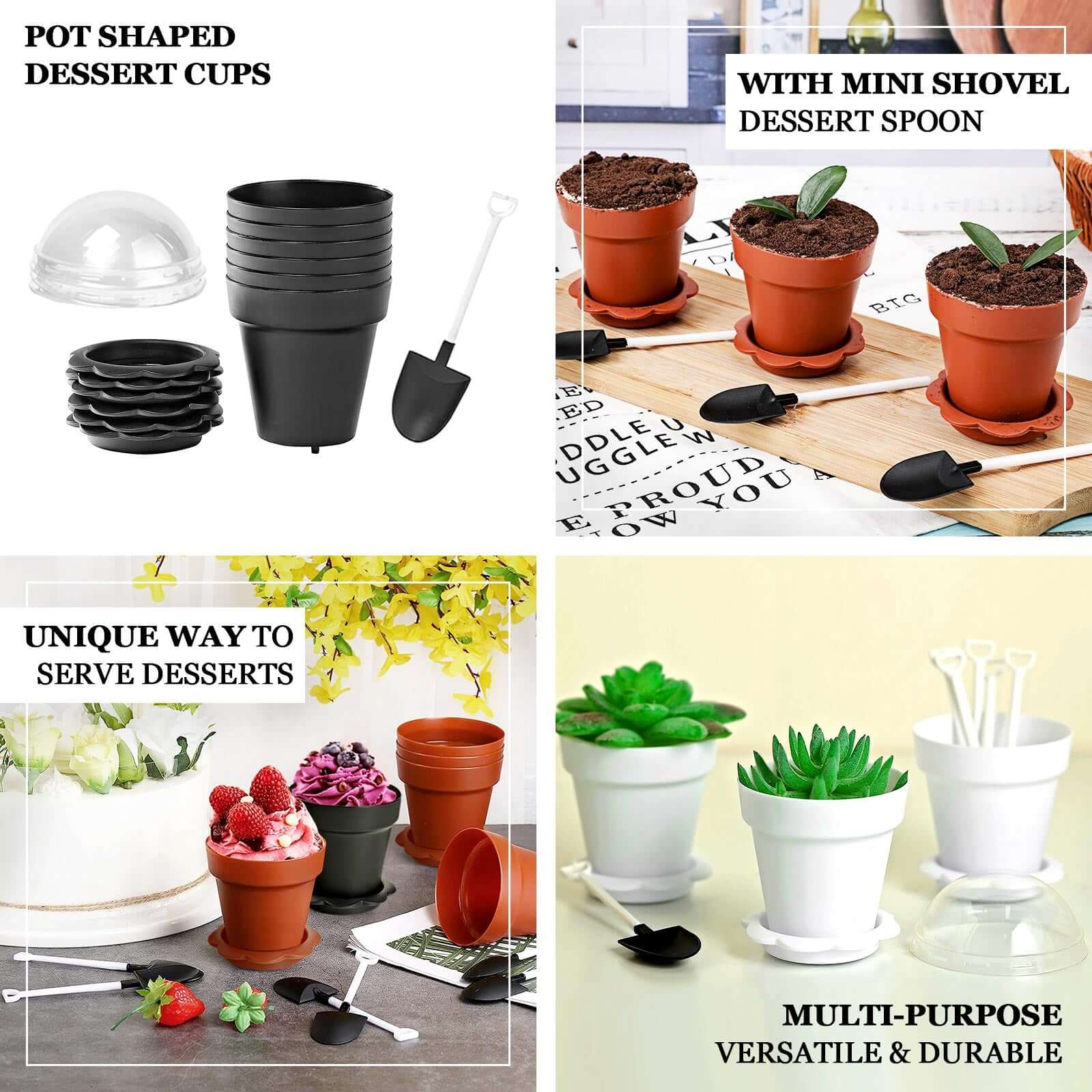 12-Pack Black Plastic Dessert Cups with Succulent Planter Design, Lids & Shovels