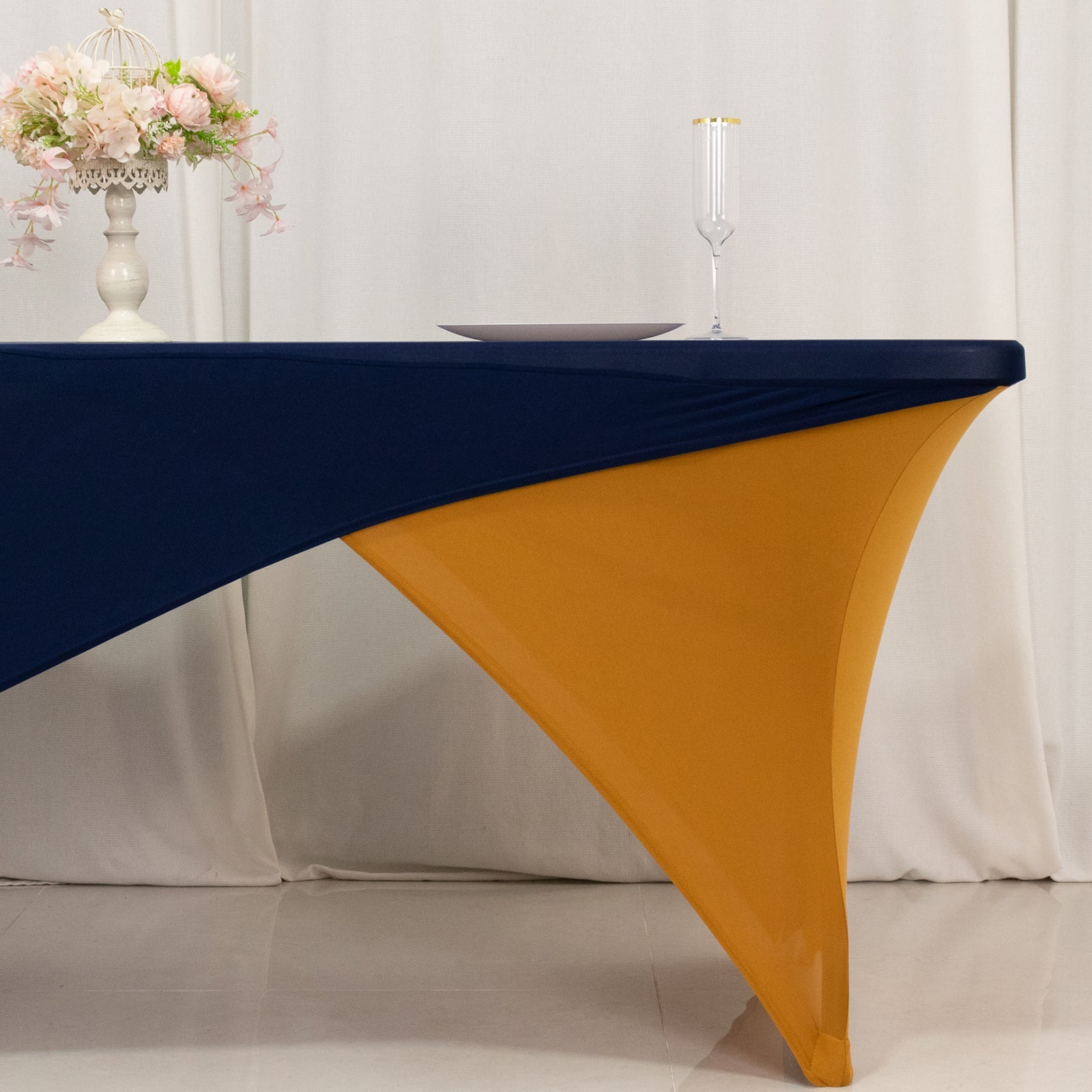 Navy Blue/Gold Stretch Spandex Two-Piece Fitted 72x30 Rectangle Table Cover