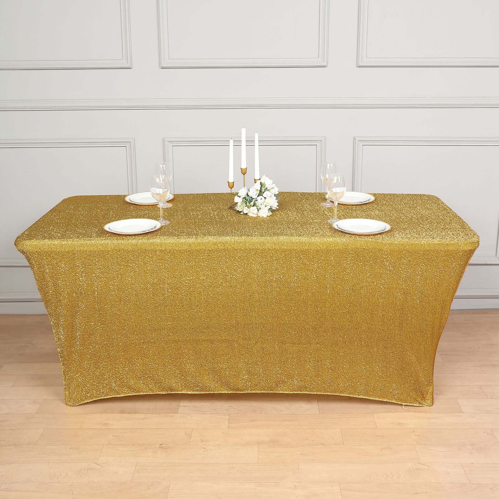 Hot Sale! Metallic Gold Glittered Stretch Spandex Tablecloth for Event Decor, 72x30 Rectangle