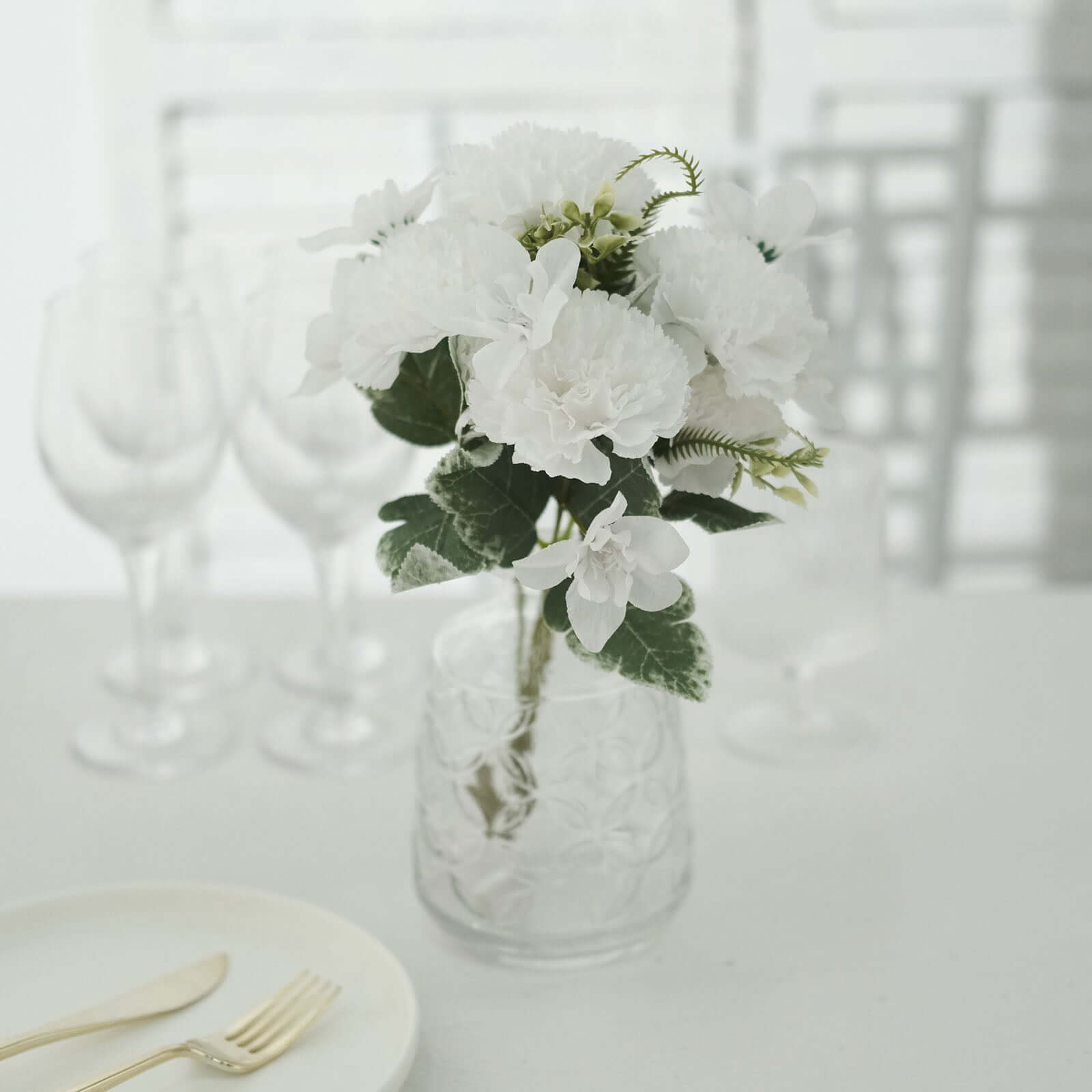 3-Pack 14-Inch White Artificial Silk Carnation Faux Flower Bouquets