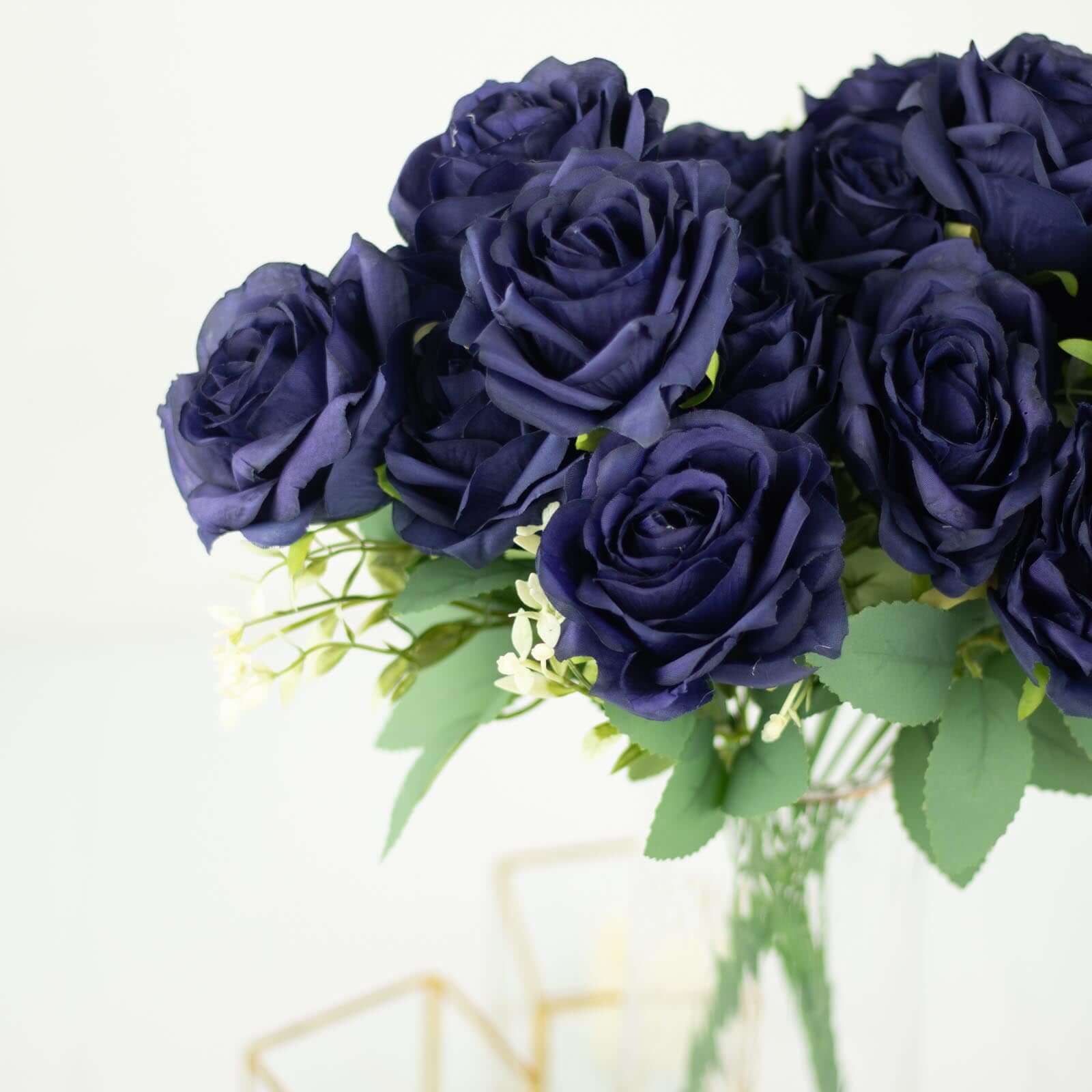 Hot Deal! 2 Bushes of 18 Realistic Navy Blue Artificial Silk Rose Flower Bouquets for Decor