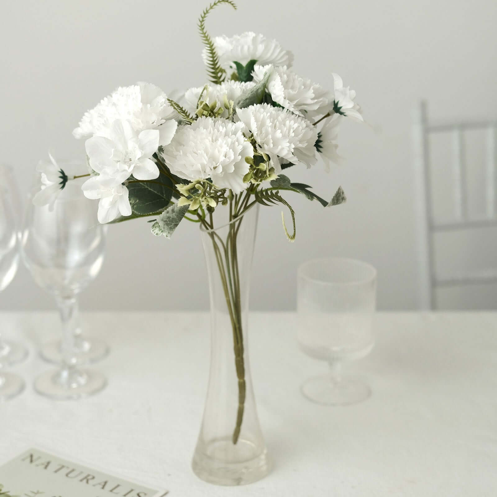 3-Pack 14-Inch White Artificial Silk Carnation Faux Flower Bouquets