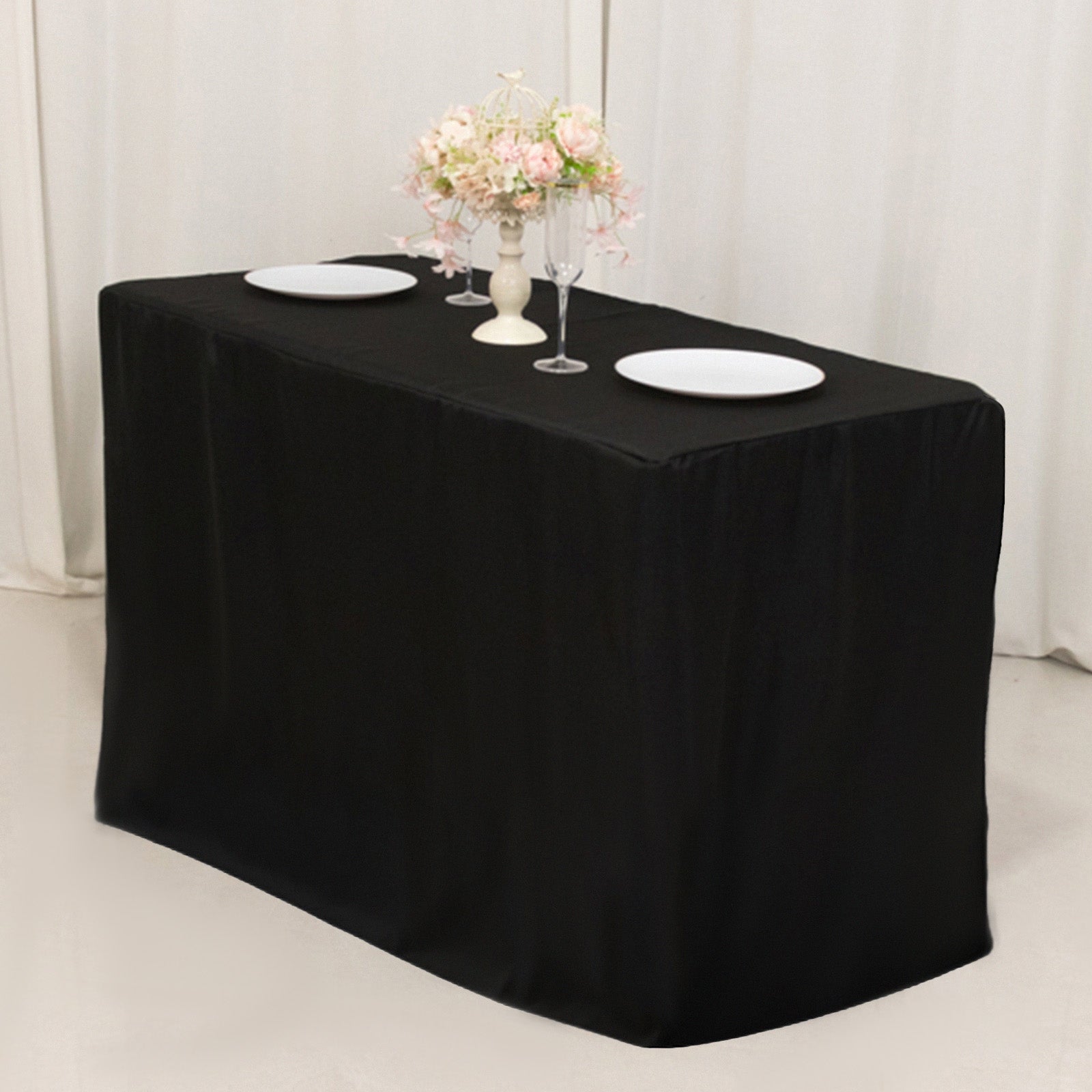 Black Fitted Polyester Rectangle Tablecloth - Ideal for 4ft Tables