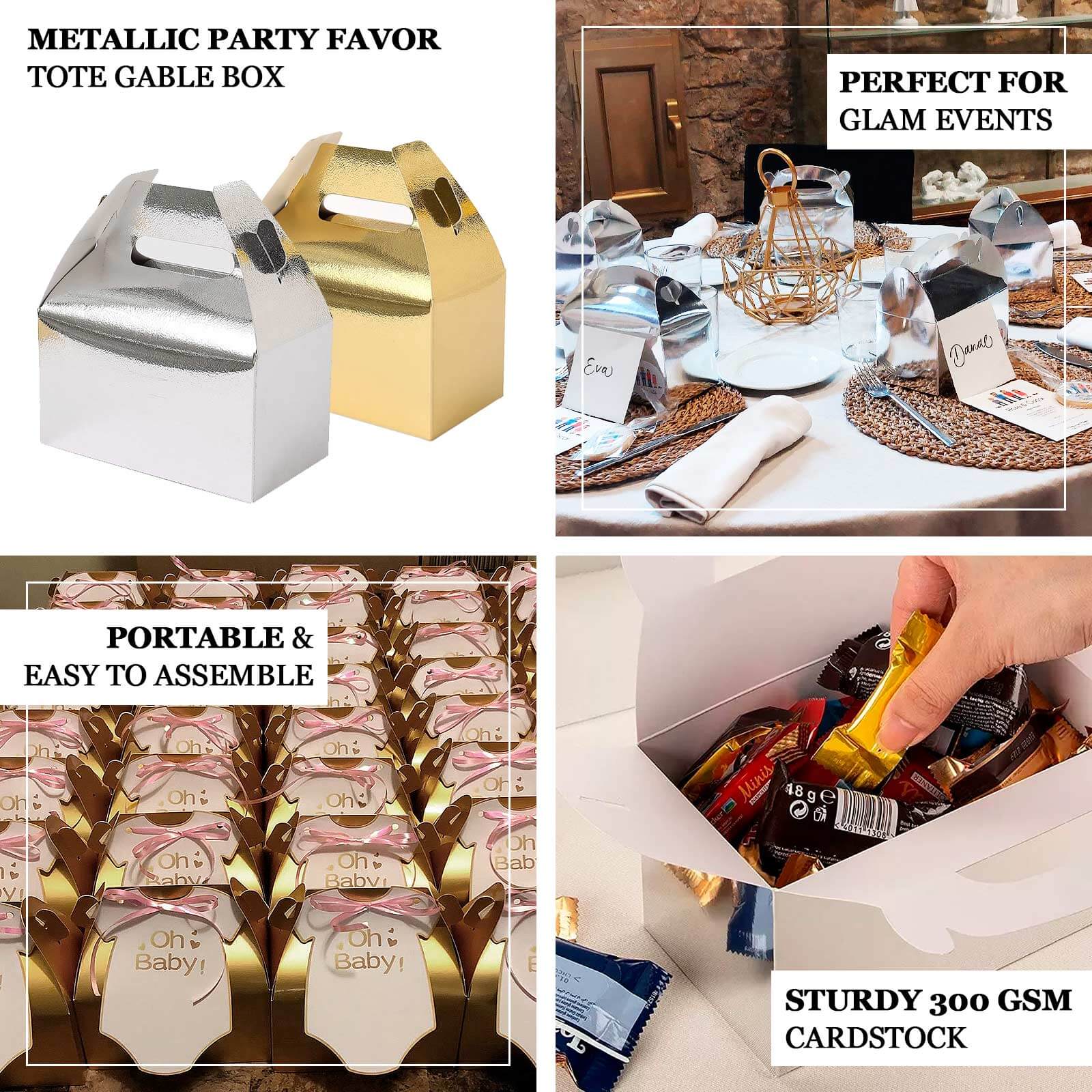 25-Pack Metallic Gold Party Favor Gable Tote Boxes for Candy Gifts, 6x3.5x7