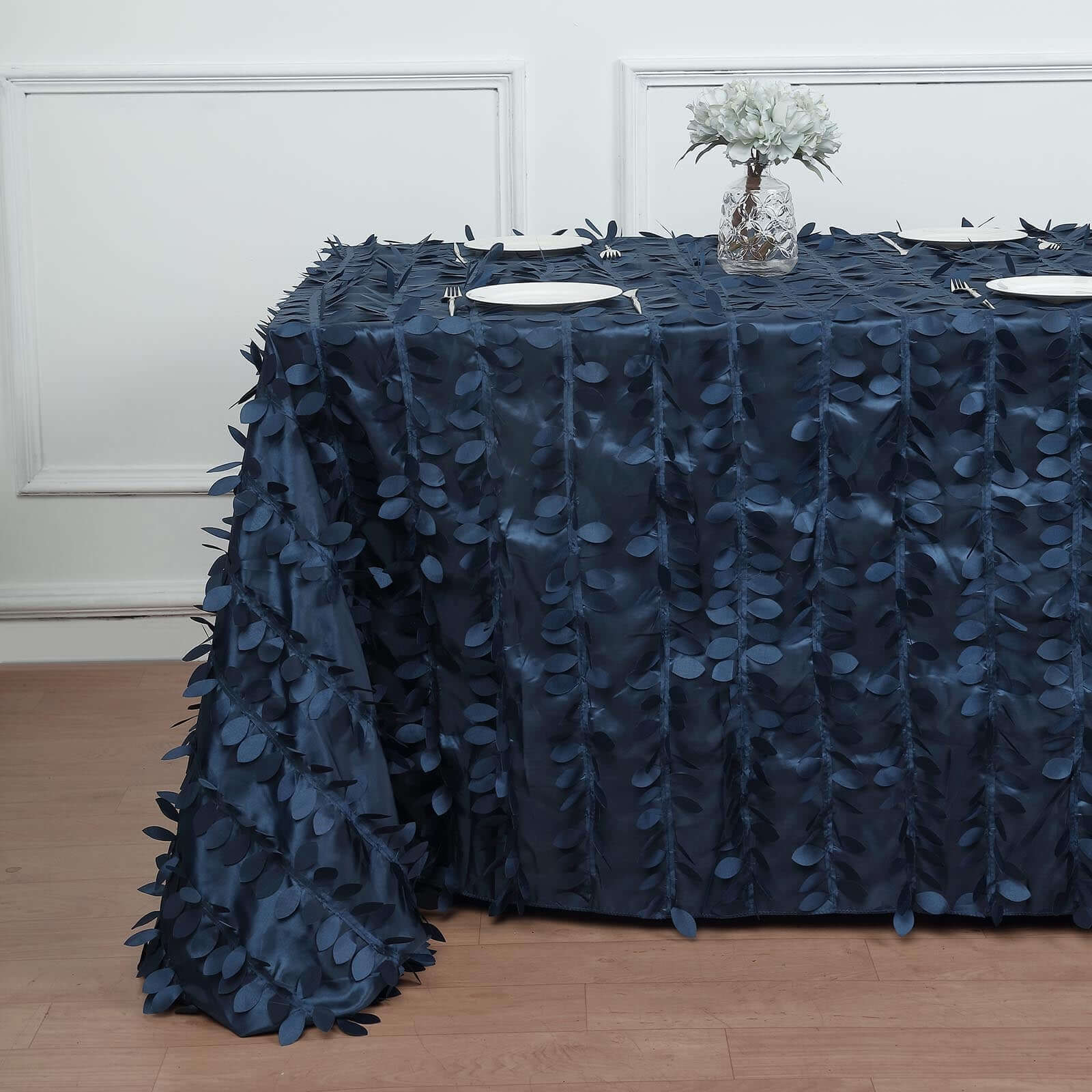 Navy Blue Taffeta Rectangle Tablecloth 90x132 with 3D Leaf Petal Design