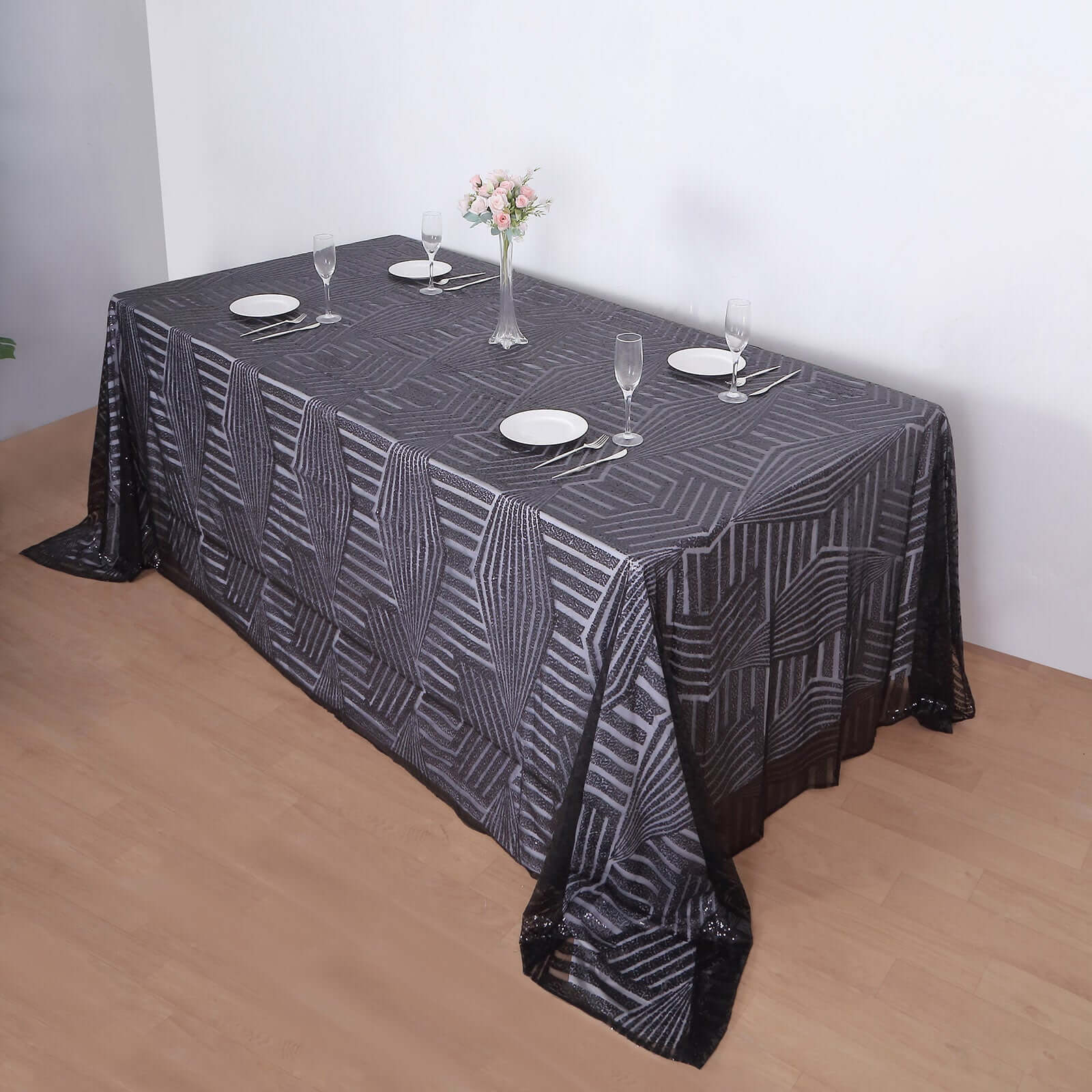 Exclusive Black Sequin Rectangle Tablecloth with Diamond Pattern, 90x132 inches