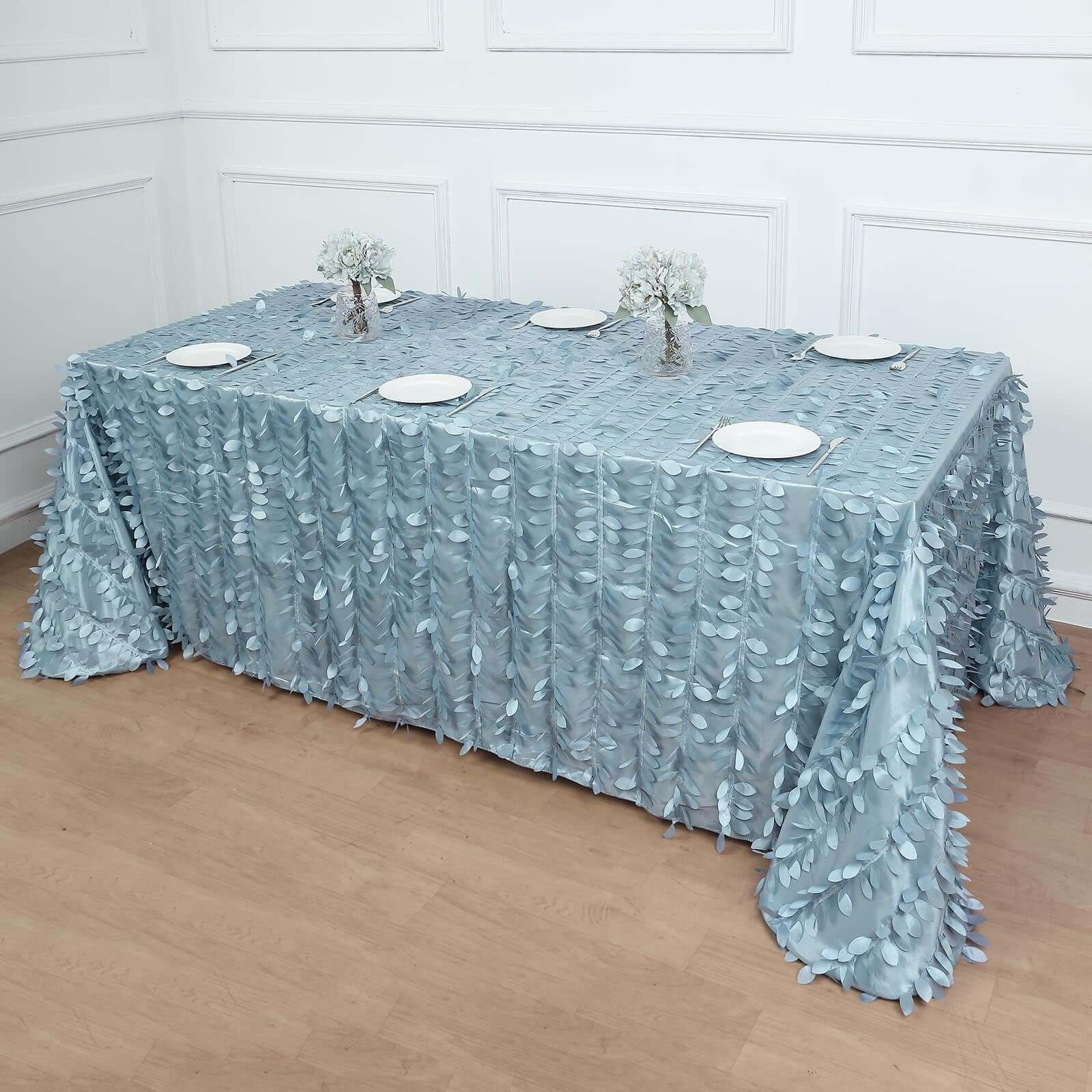 Hot Sale! Dusty Blue Taffeta 90x132 Rectangle Tablecloth with 3D Leaf Petal Design