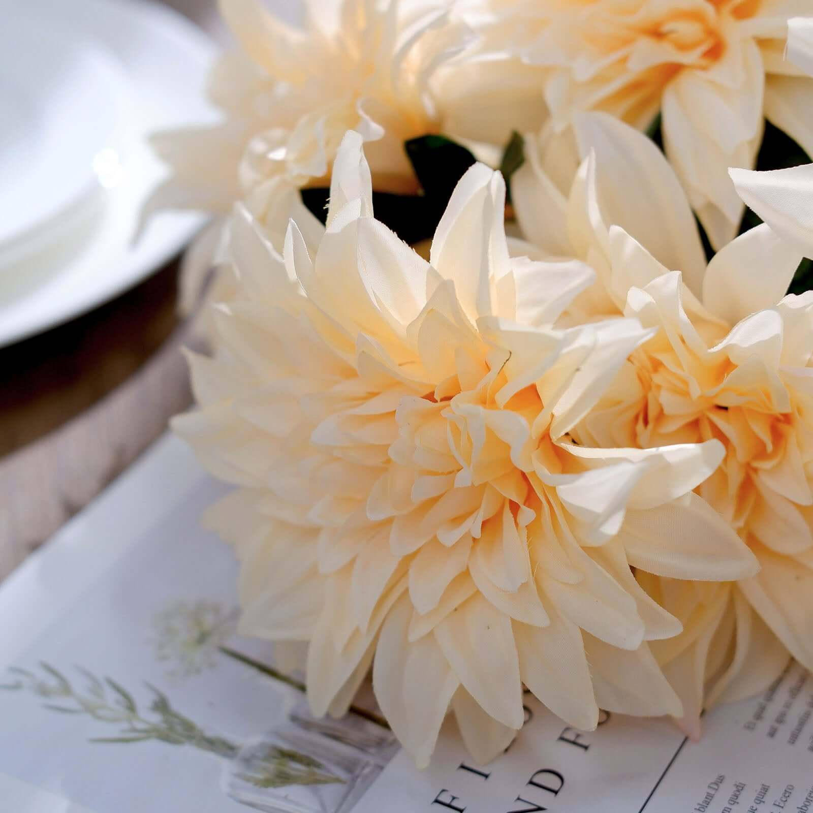 2 Cream Large Head Artificial Dahlia Bouquets - Silk Bridal Flower Decor Sale