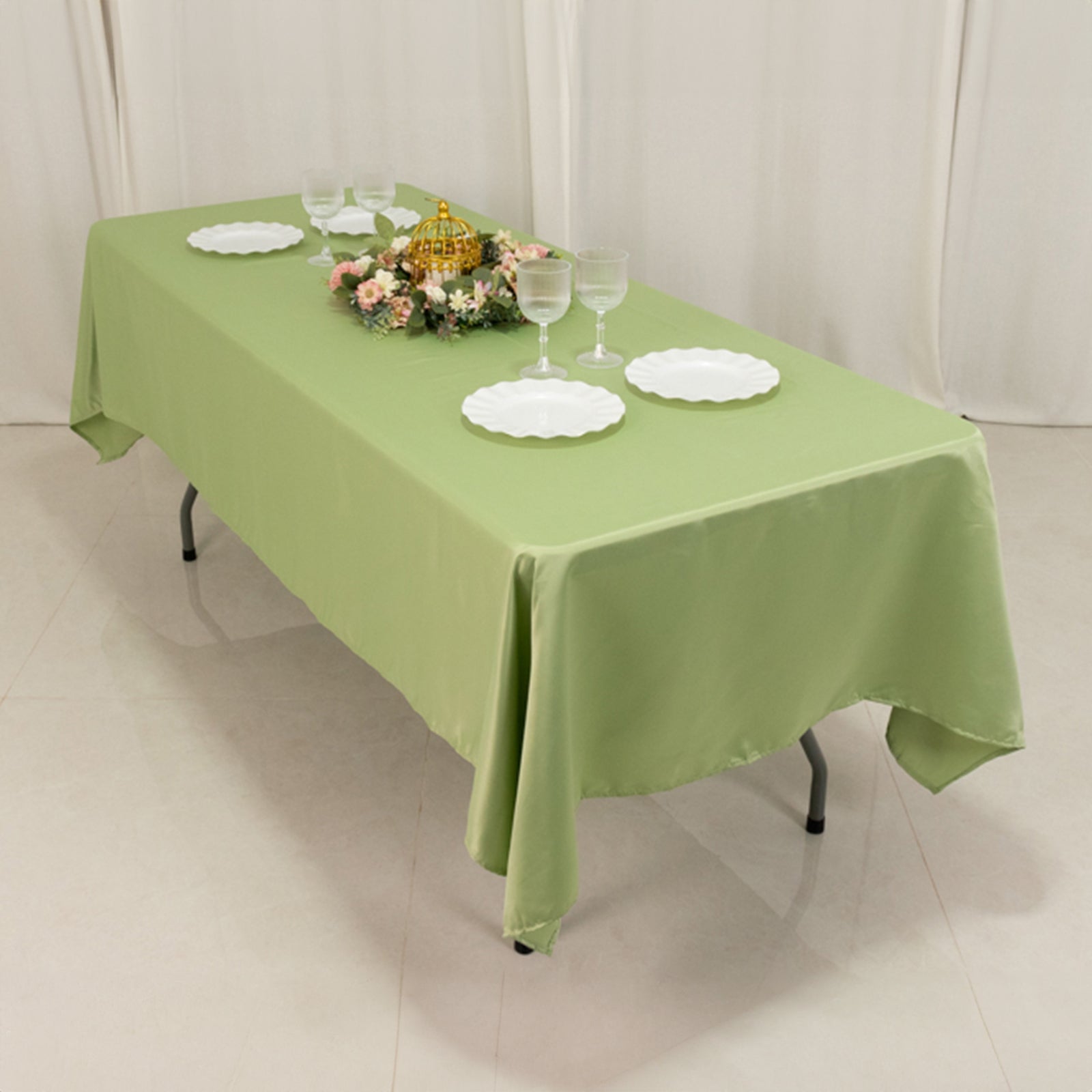 Get This Durable & Silky Soft Lamour Satin Rectangle Tablecloth in Sage Green (60x102)