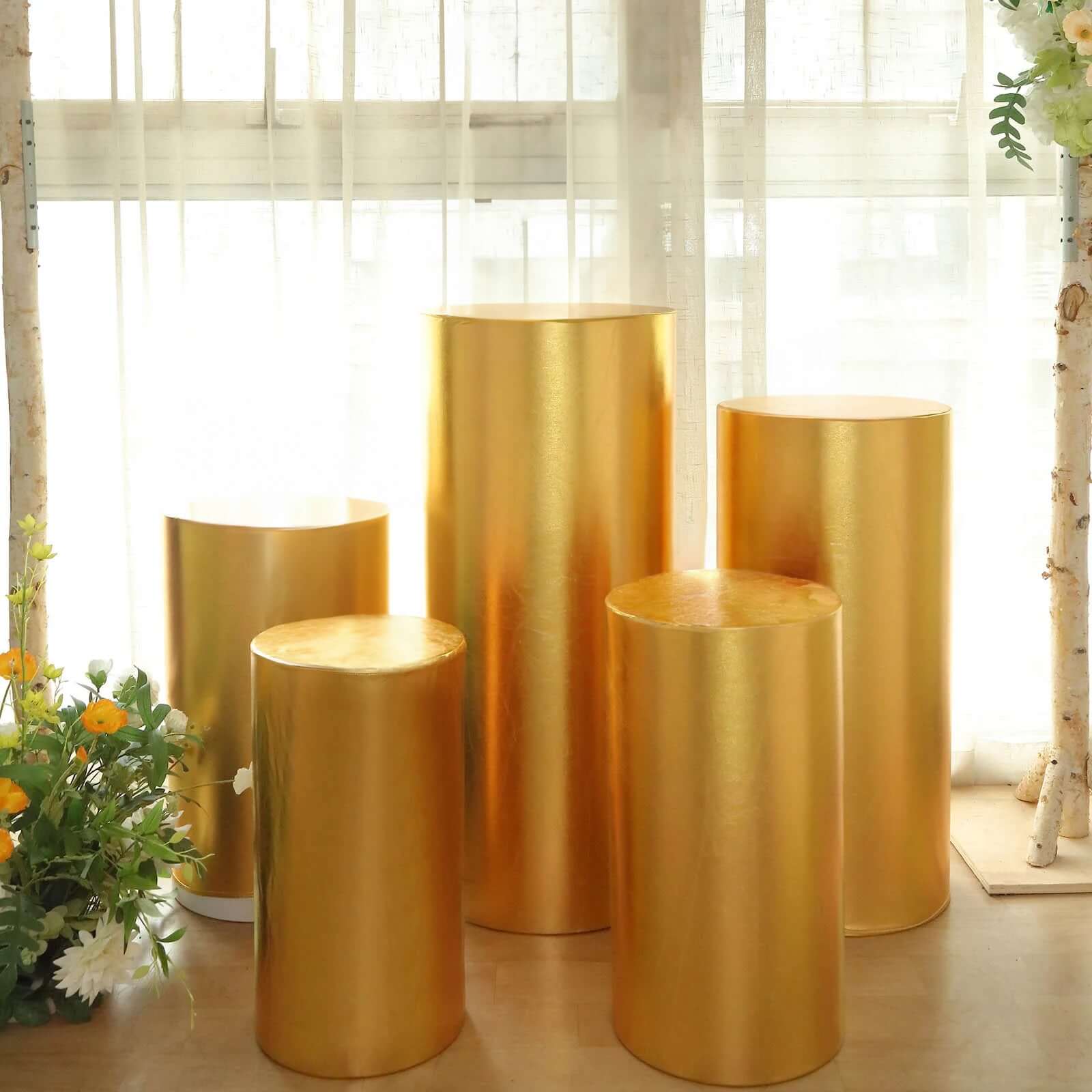 Special Offer! Set of 5 Shiny Metallic Gold Spandex Cylinder Pedestal Stand Covers - 130 GSM