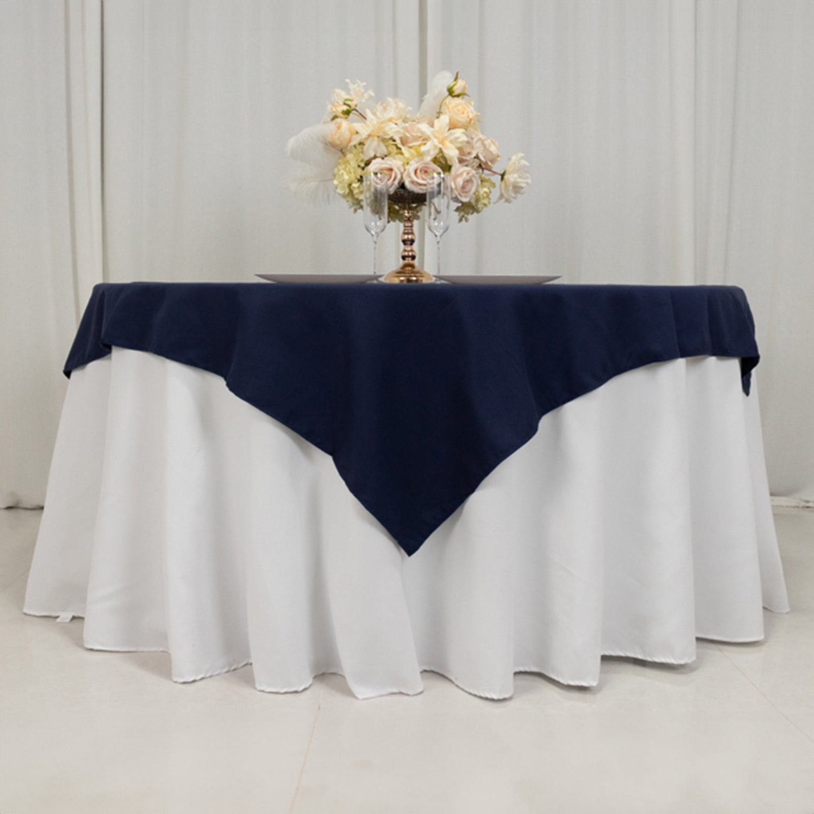 Wrinkle-Resistant Navy Cotton Blend 54x54 Square Table Overlay
