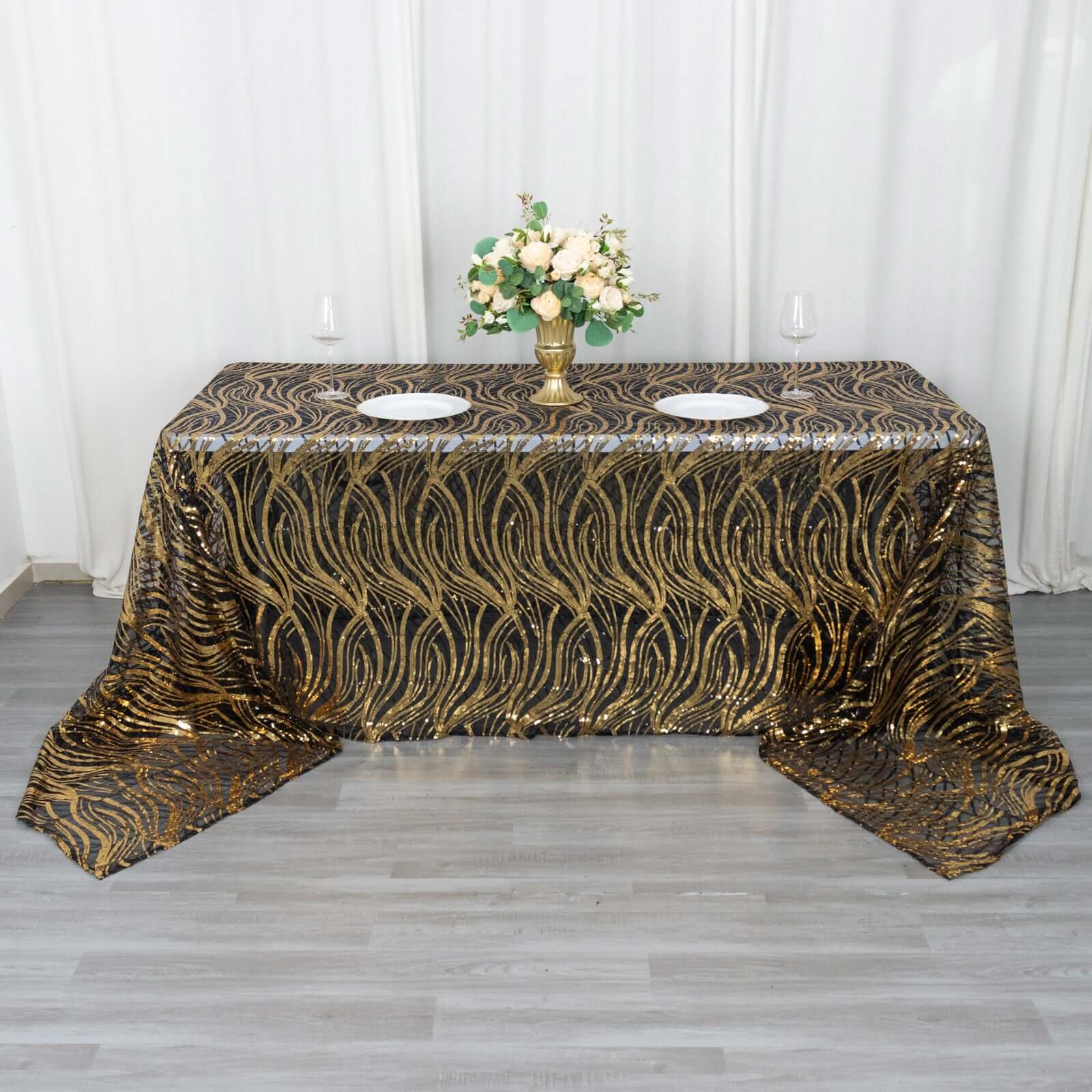 Black/Gold Sparkly Wave Sequin Embroidered Mesh Rectangle Tablecloth 90x156