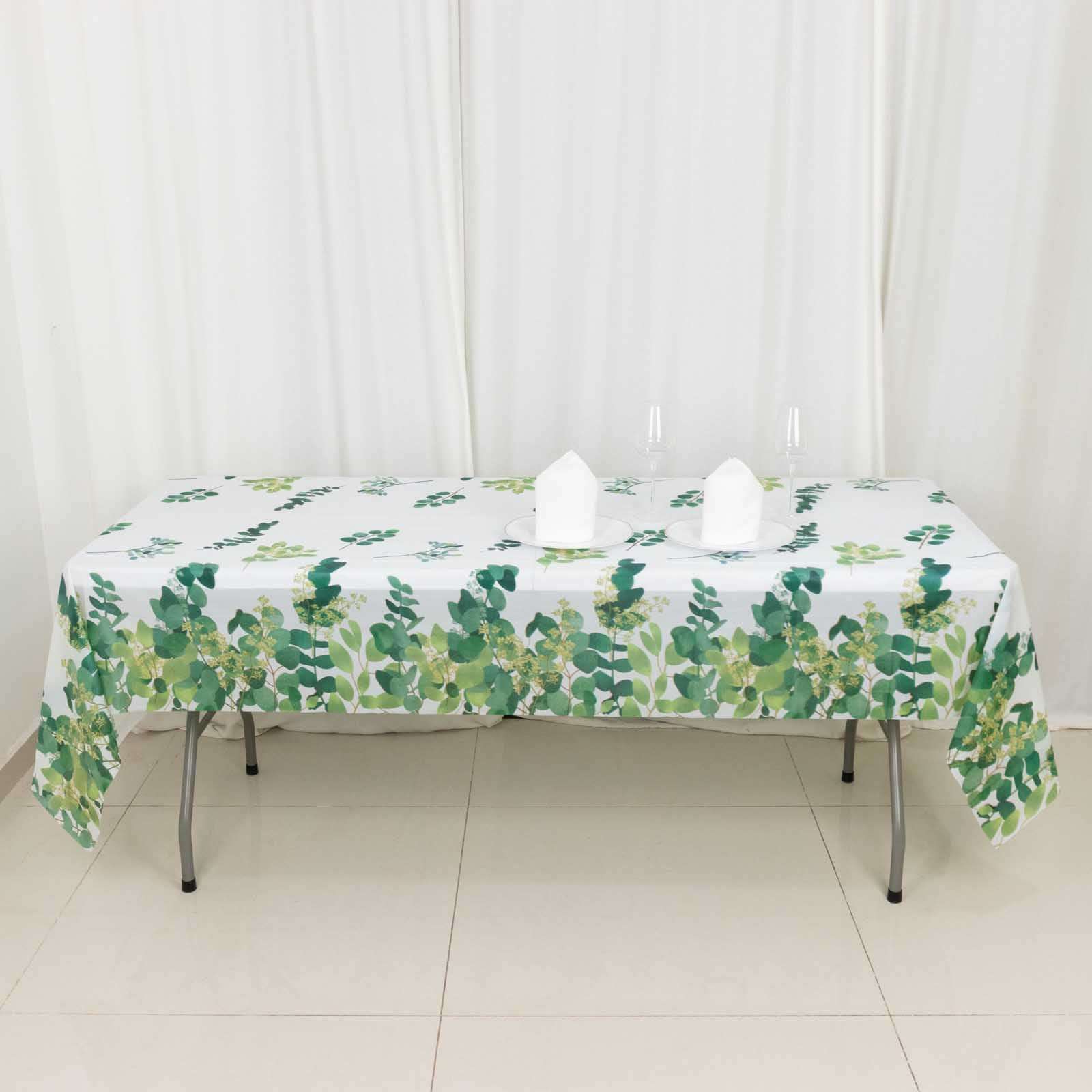 Hot Deal! 5-Pack Disposable PVC Plastic Table Covers in White/Green with Eucalyptus Print, 54x108
