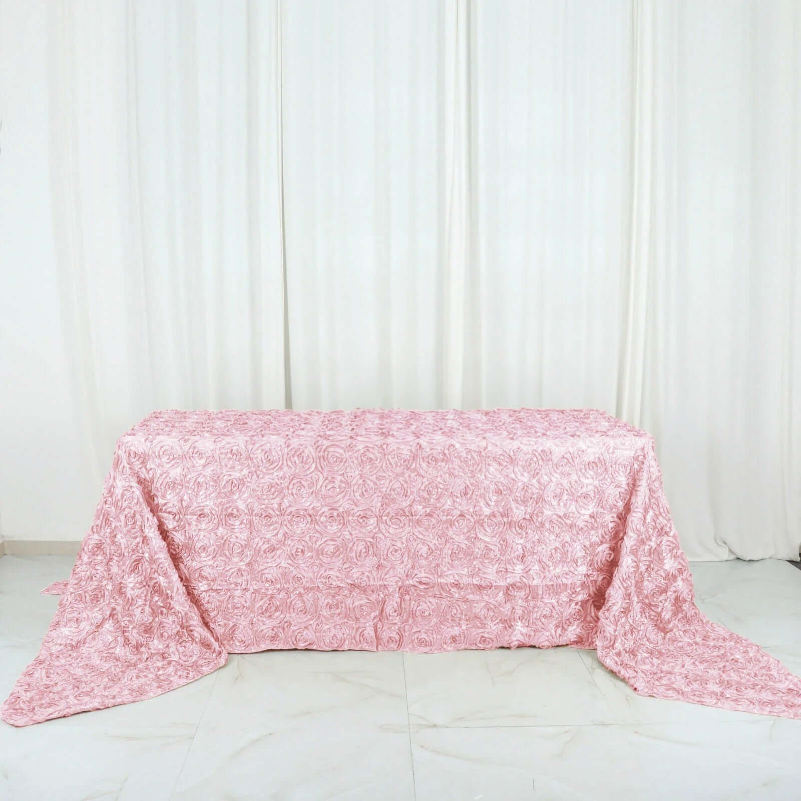 Hot! Blush Satin 90x156 Rectangle 3D Rosette Tablecloth with Seamless Finish