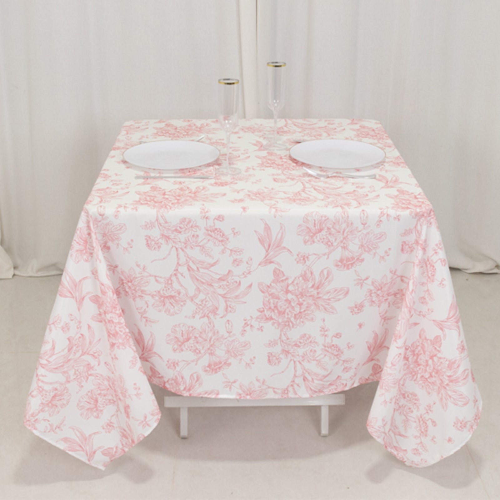 Exclusive Polyester 70x70 Square Table Overlay in White - Pink French Toile Pattern for Elegant Gatherings