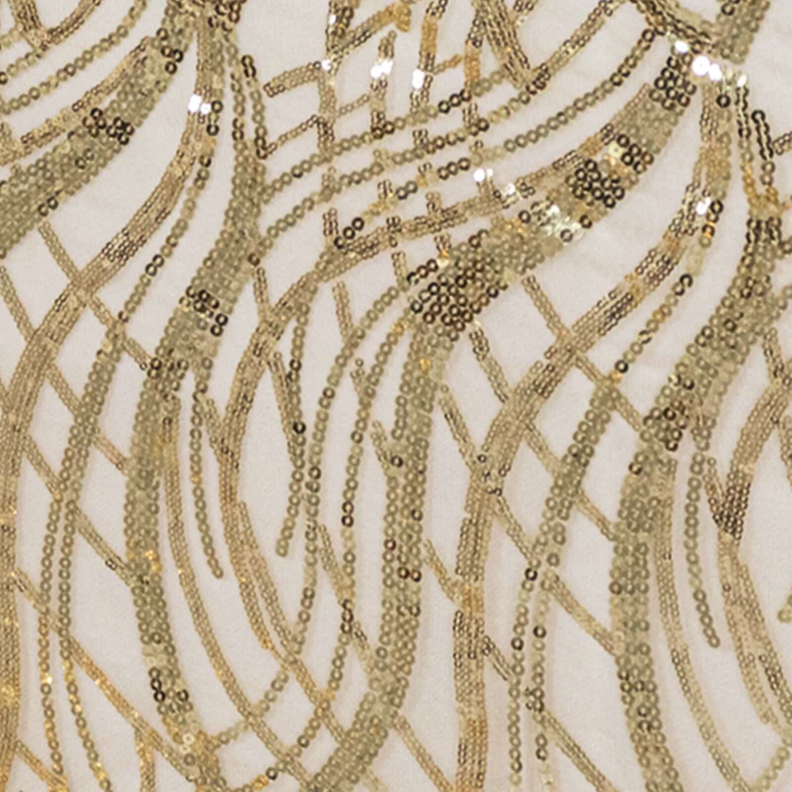 Champagne Sequin-Embroidered Mesh Rectangle Tablecloth 90x156 with Wave Pattern