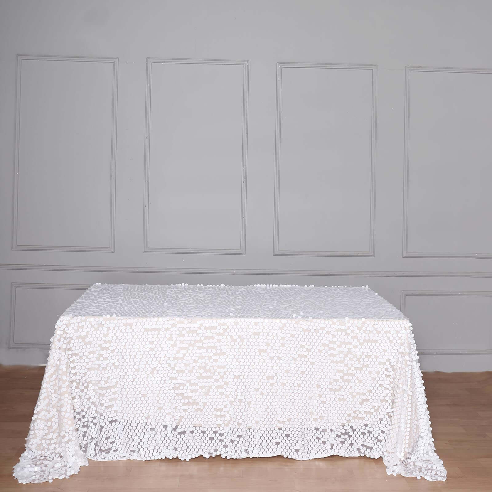 Exclusive Seamless White Sequin Tablecloth, 90x156 Rectangle